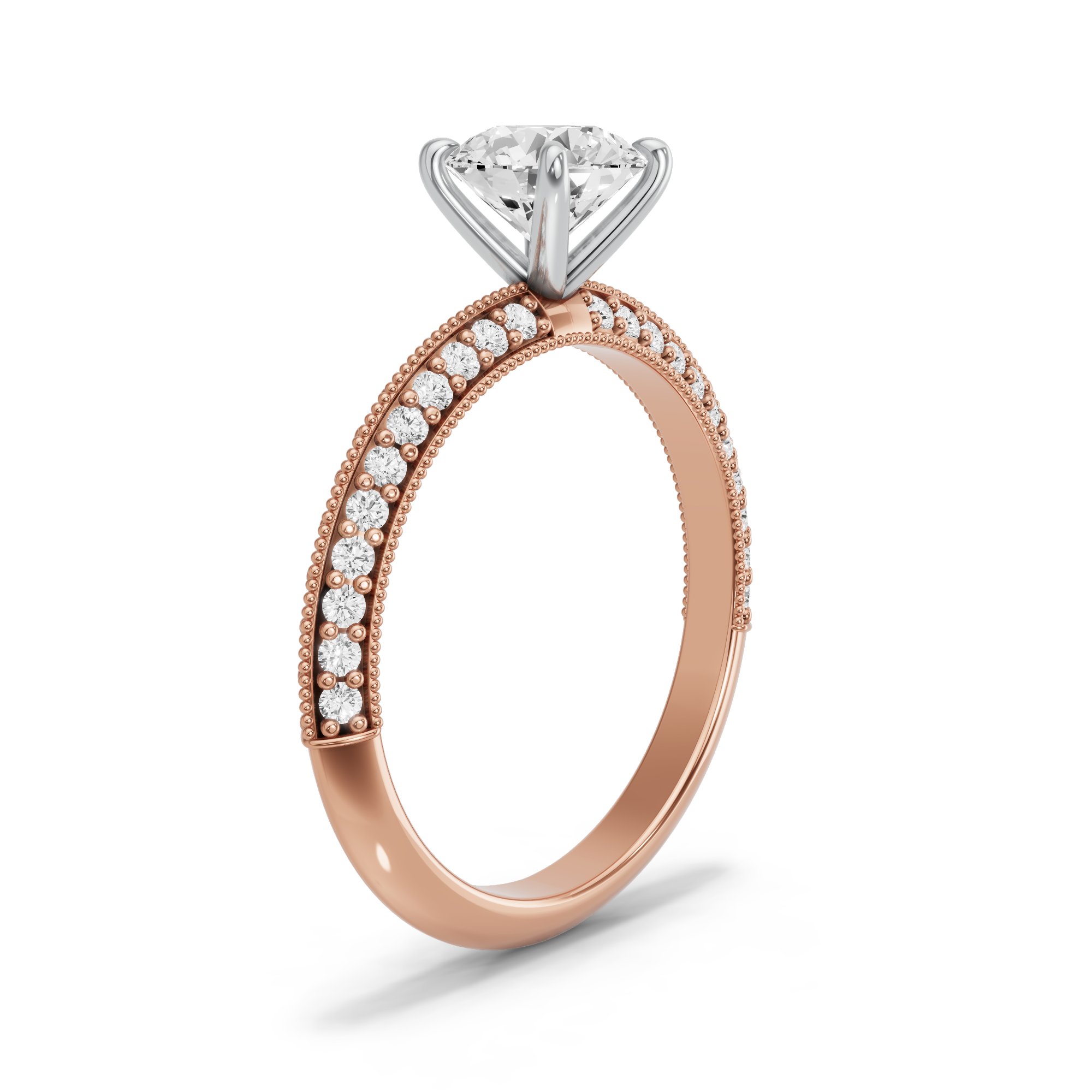 Image for Round Four Prong Ring with Knife Edge Pave band in 10K Two Tone Rose Gold