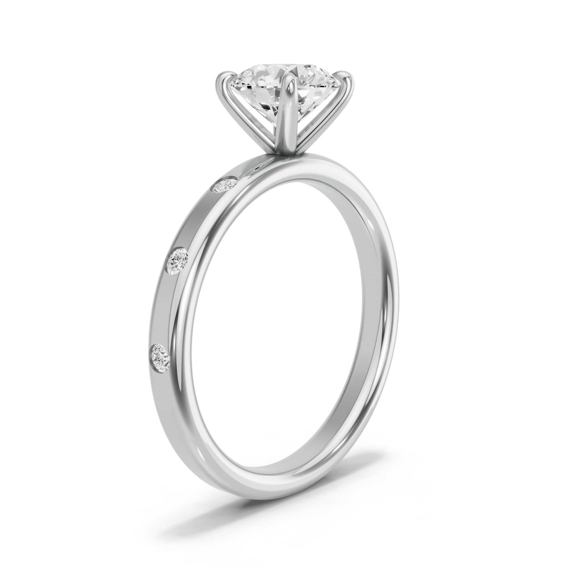 Image for Round Four Prong Ring with Sleek Accent band in 10K White Gold