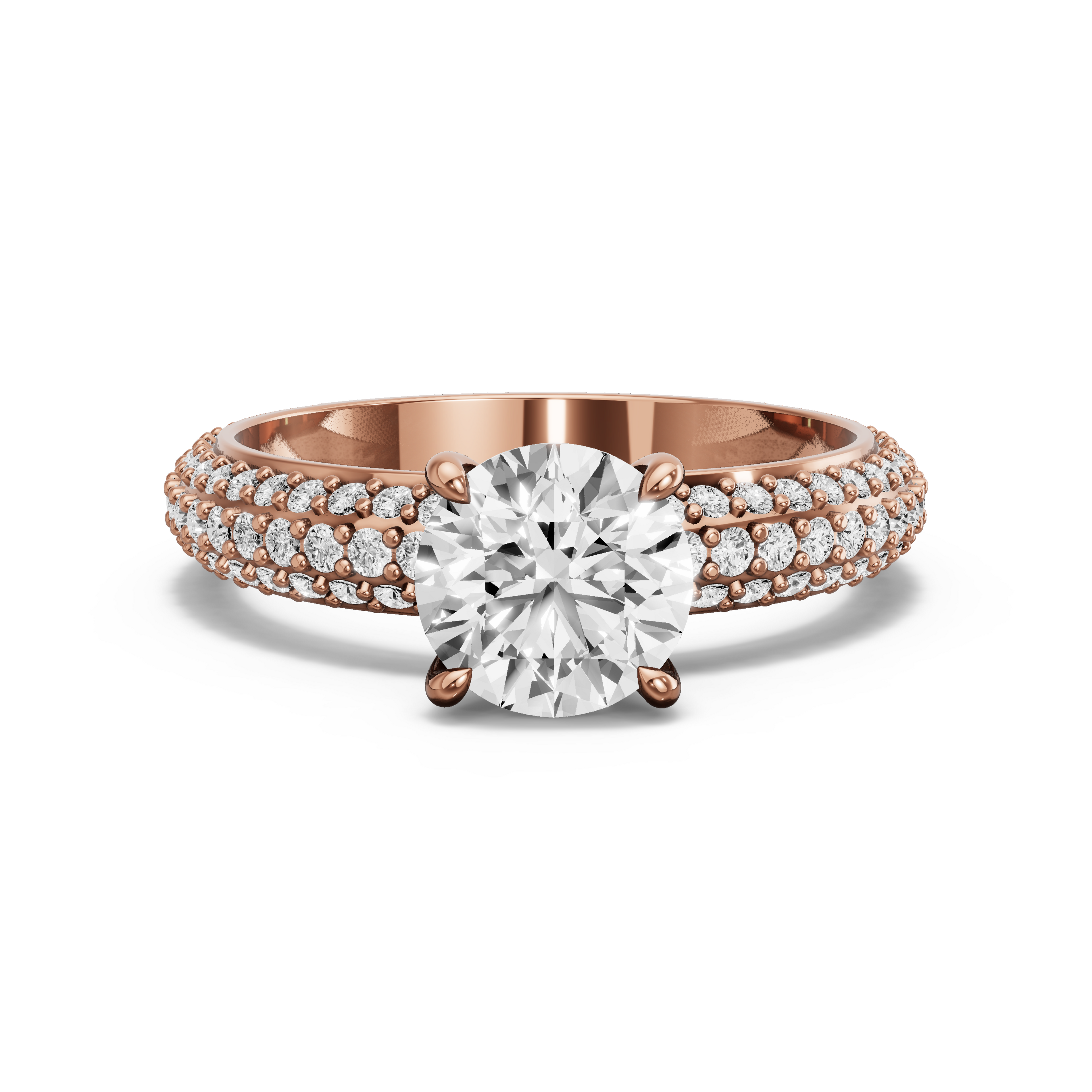 Image for Round Four Prong Ring with Triple Row Pave band in 10K Rose Gold