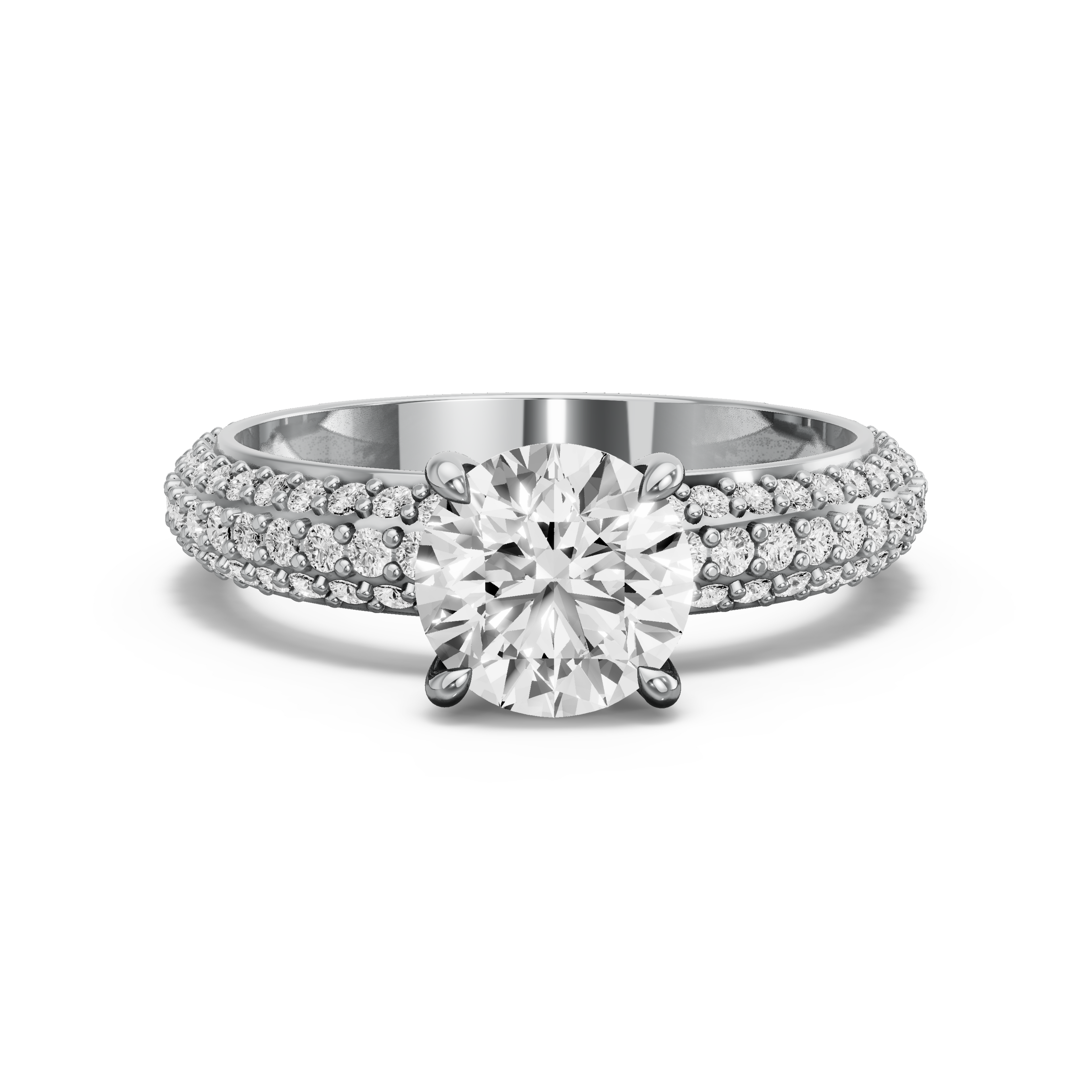 Image for Round Four Prong Ring with Triple Row Pave band in 14K White Gold