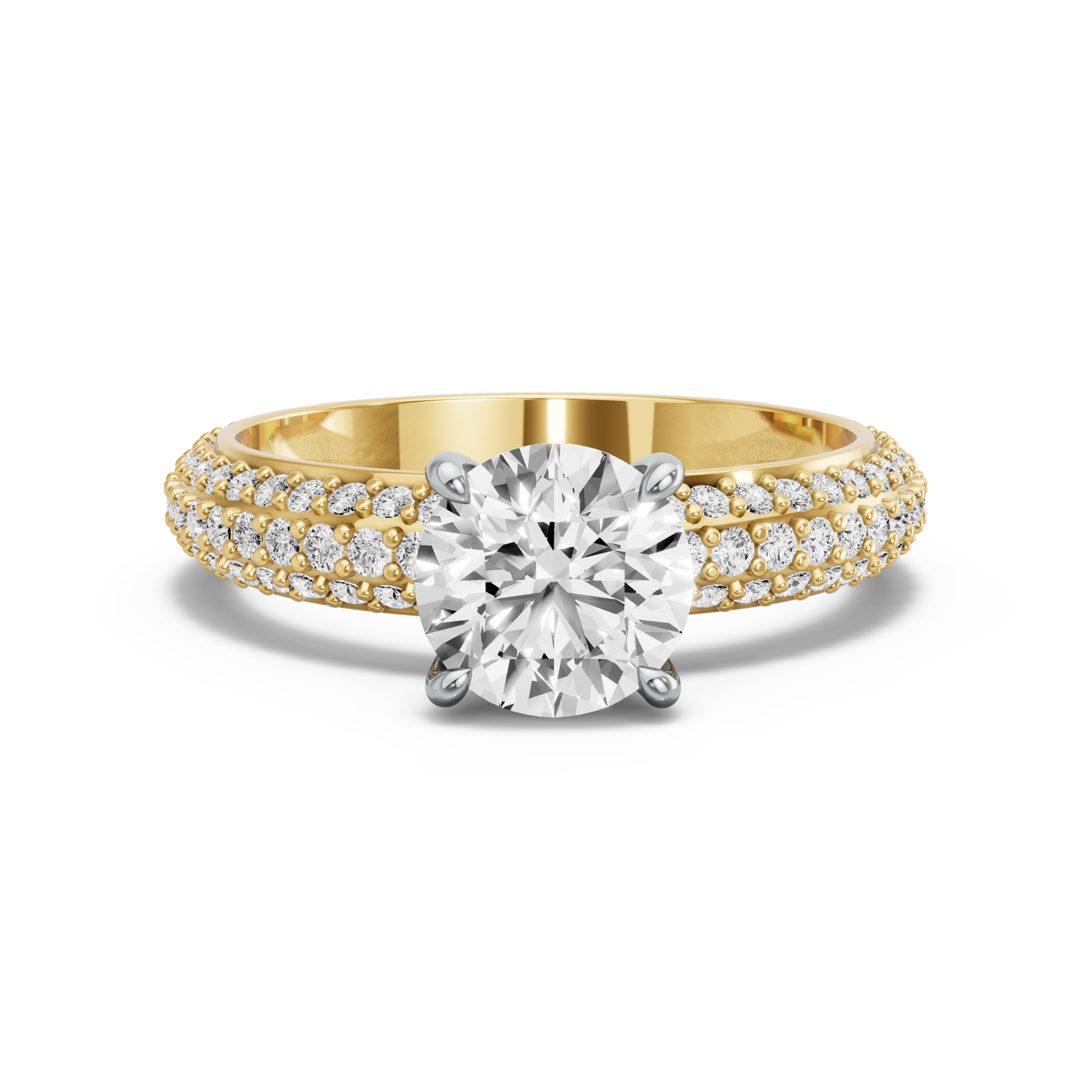 Image for Round Four Prong Ring with Triple Row Pave band in 14K Two Tone Yellow Gold