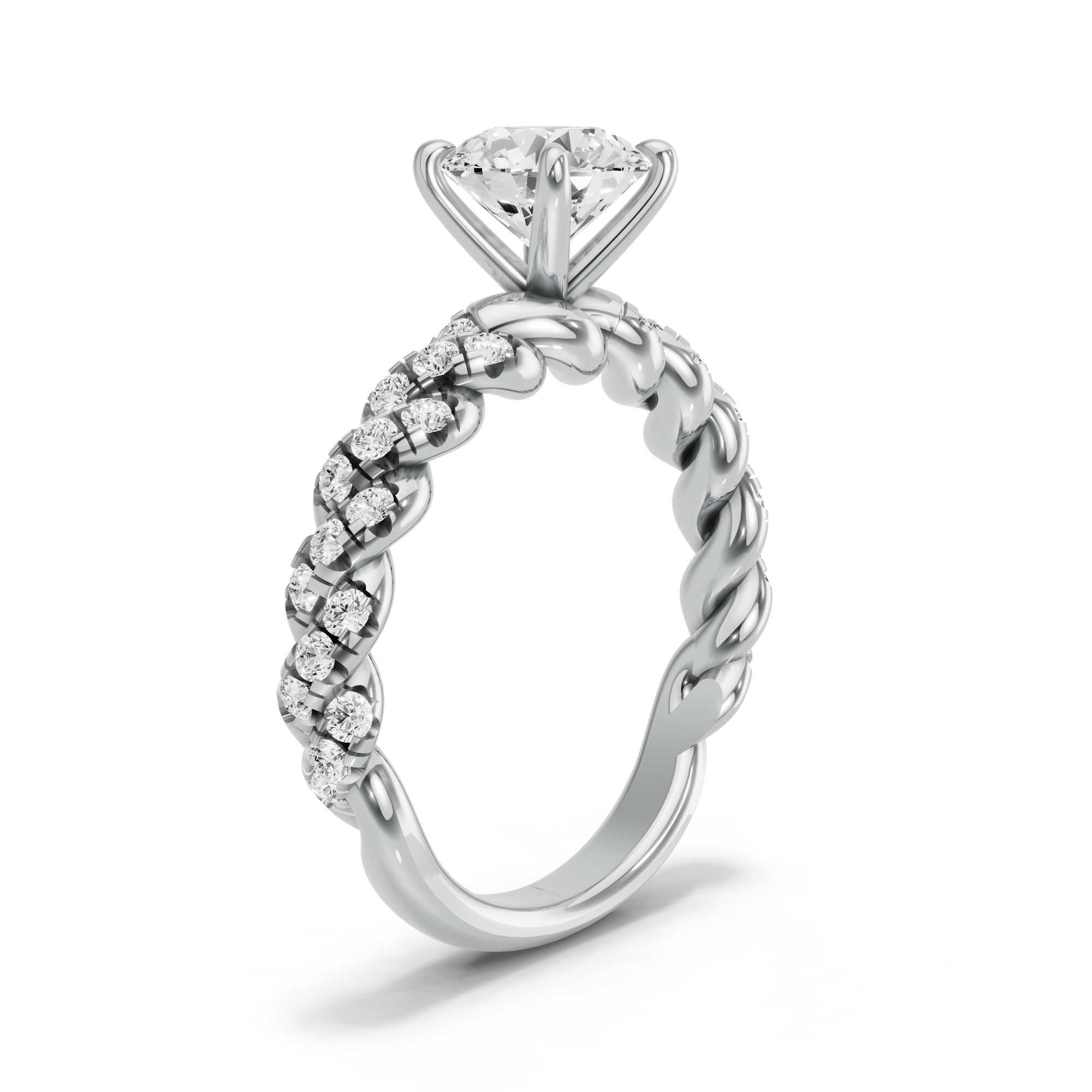 Image for Round Four Prong Ring with Twist Pave band in 14K White Gold