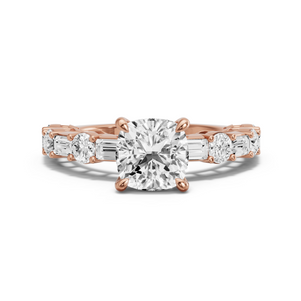 Image for Square Cushion Four Prong Ring with Alternating Baguette band in 14K Rose Gold
