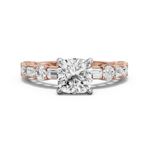 Image for Square Cushion Four Prong Ring with Alternating Baguette band in 14K Two Tone Rose Gold