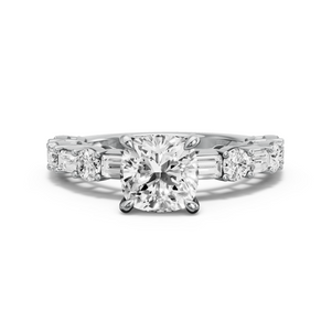 Image for Square Cushion Four Prong Ring with Alternating Baguette band