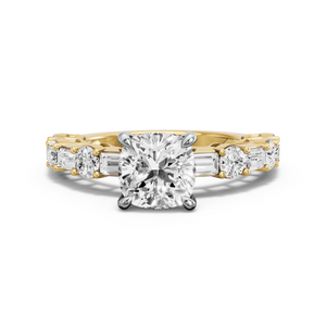 Image for Square Cushion Four Prong Ring with Alternating Baguette band