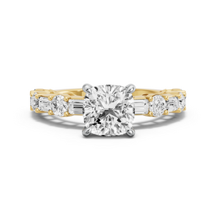 Image for Square Cushion Four Prong Ring with Alternating Baguette band in 14K Two Tone Yellow Gold