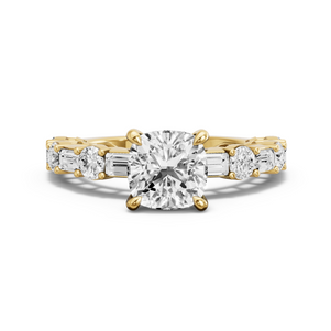 Image for Square Cushion Four Prong Ring with Alternating Baguette band in 18K Yellow Gold