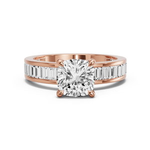 Image for Square Cushion Four Prong Ring with Baguette Channel band in 18K Rose Gold
