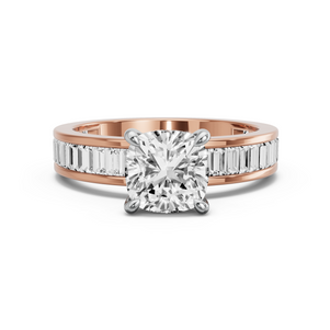 Image for Square Cushion Four Prong Ring with Baguette Channel band in 14K Two Tone Rose Gold