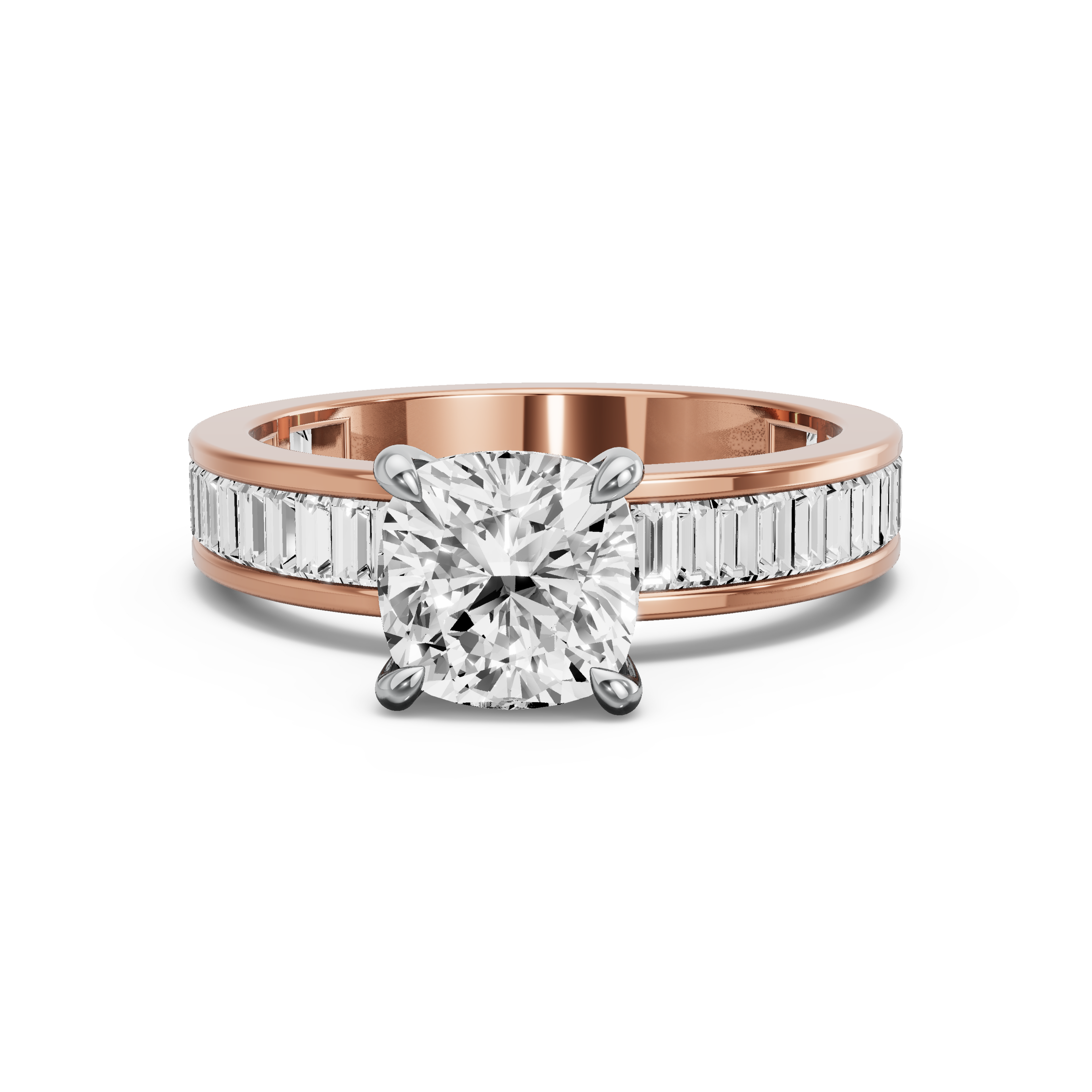 Image for Square Cushion Four Prong Ring with Baguette Channel band