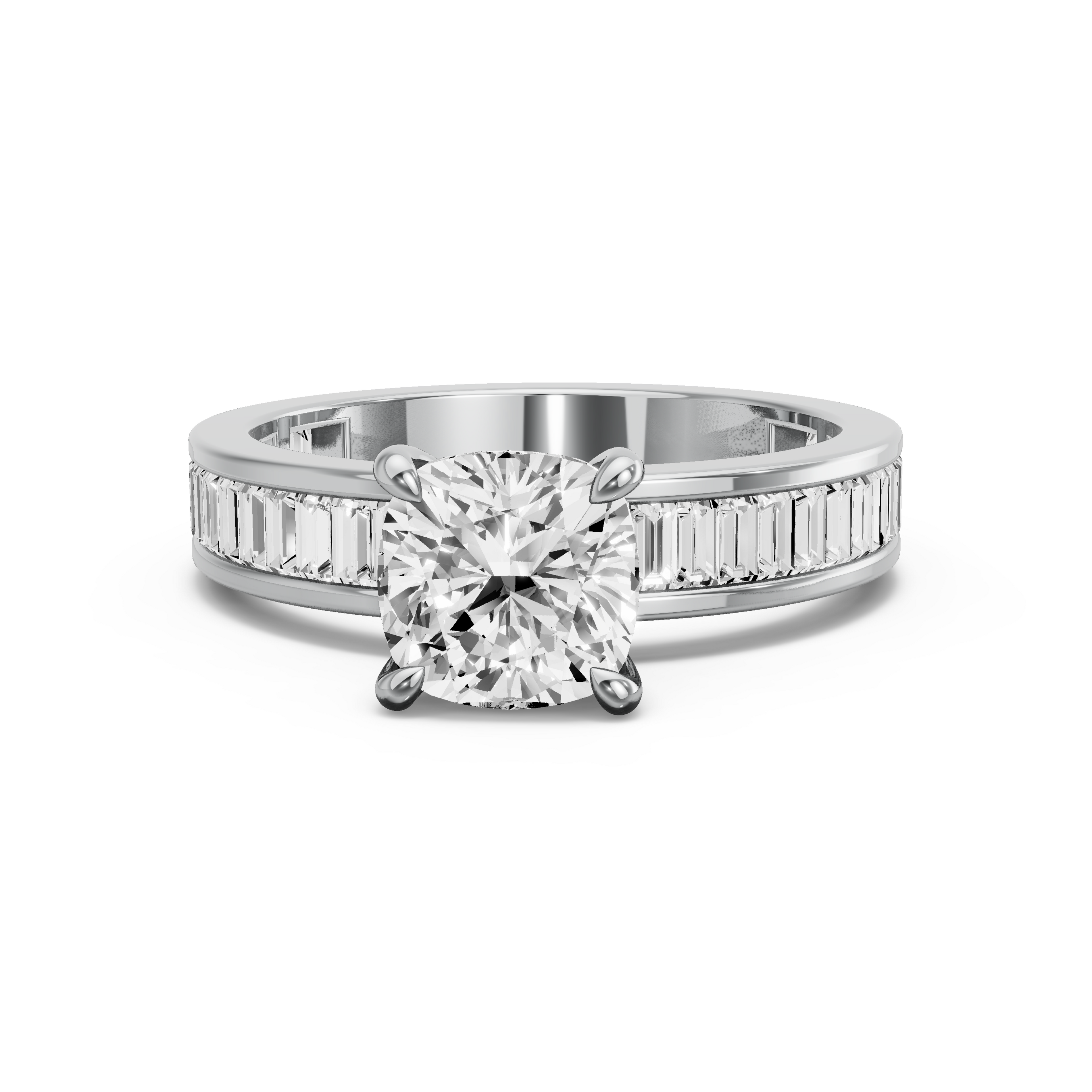 Image for Square Cushion Four Prong Ring with Baguette Channel band