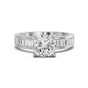 Image for Square Cushion Four Prong Ring with Baguette Channel band in 18K White Gold