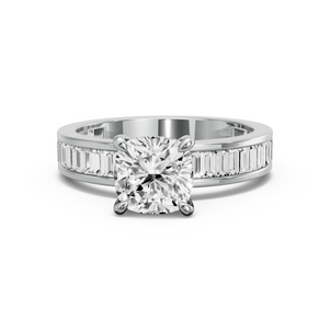 Image for Square Cushion Four Prong Ring with Baguette Channel band