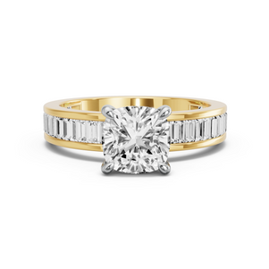 Image for Square Cushion Four Prong Ring with Baguette Channel band in 18K Two Tone Yellow Gold