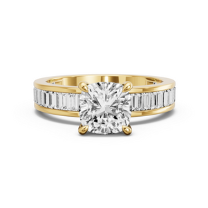 Image for Square Cushion Four Prong Ring with Baguette Channel band in 18K Yellow Gold