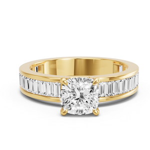 Image for Square Cushion Four Prong Ring with Baguette Channel band