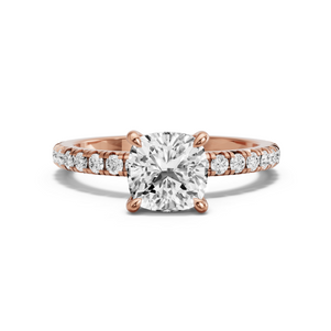 Image for Square Cushion Four Prong Ring with French Pave band in 14K Rose Gold