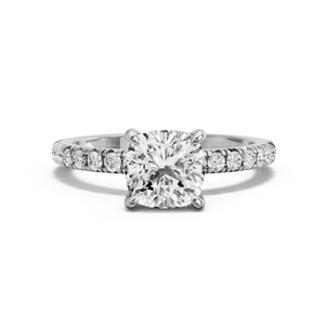Image for Square Cushion Four Prong Ring with French Pave band in 14K White Gold