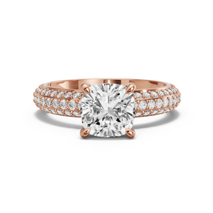 Image for Square Cushion Four Prong Ring with Triple Row Pave band in 14K Rose Gold
