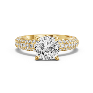Image for Square Cushion Four Prong Ring with Triple Row Pave band in 14K Yellow Gold