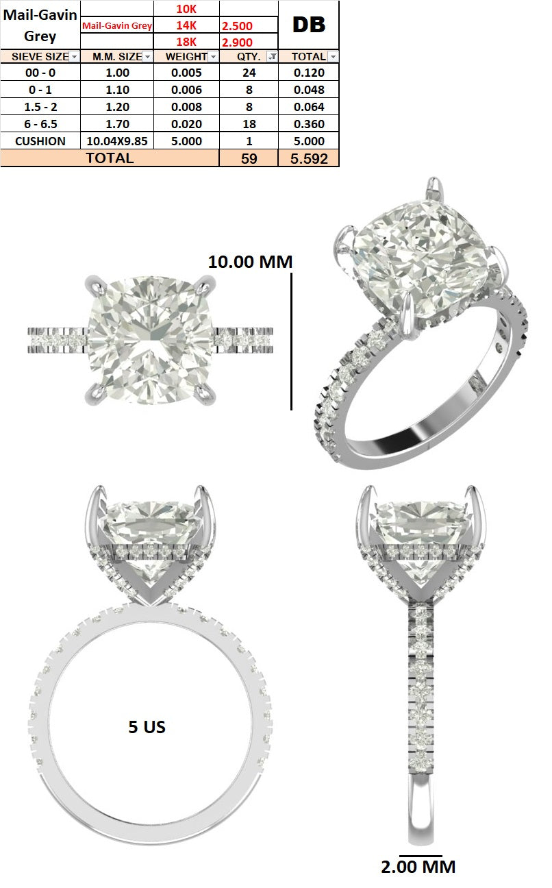 5CT |Cushion Cut Lab - Grown Engagement Ring | E-VVS | 18K white Gold | Band width 1.5mm | Ring Size: 4(US)