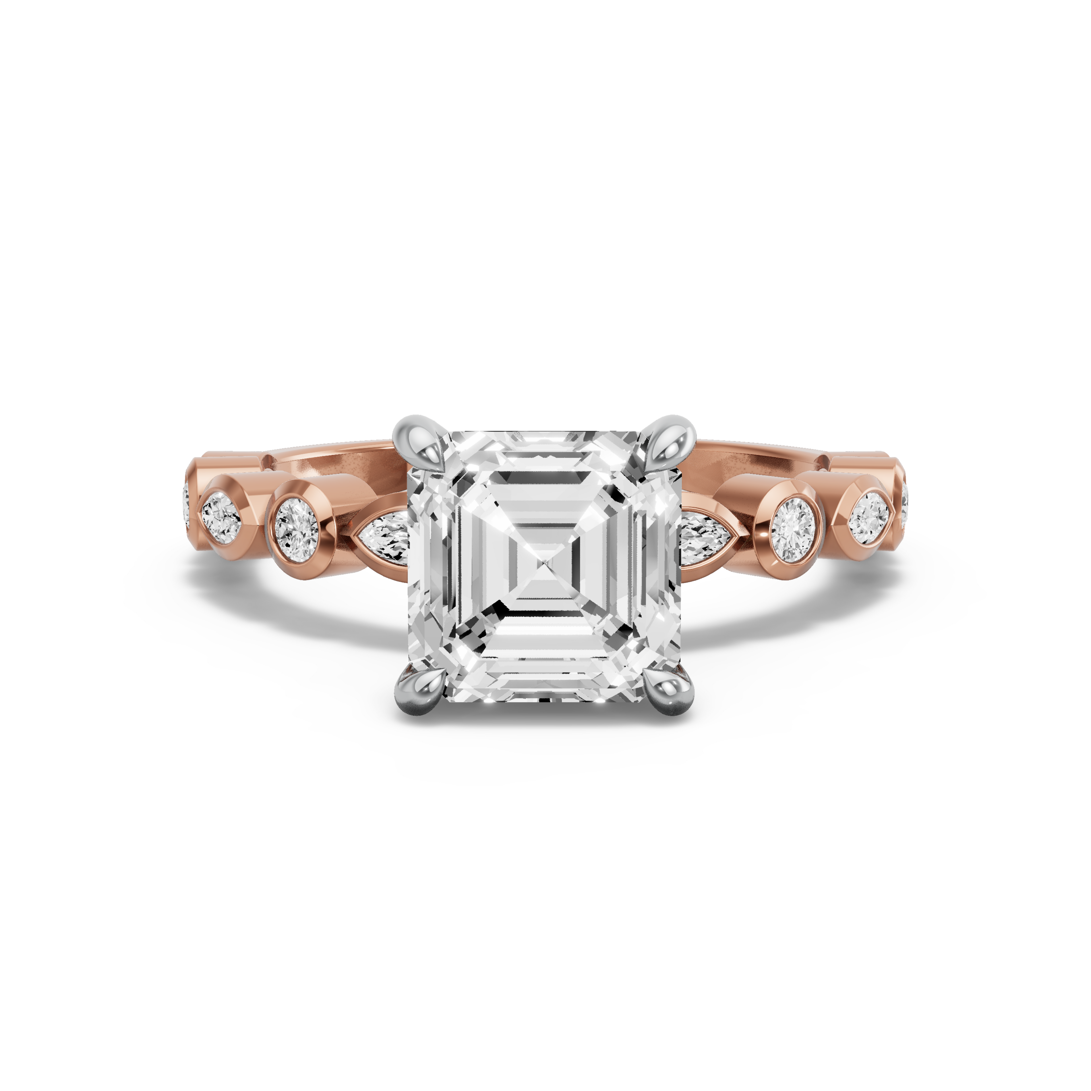 Image for Asscher Hidden Halo Ring with Alternating Marquise band in 18K Two Tone Yellow Gold