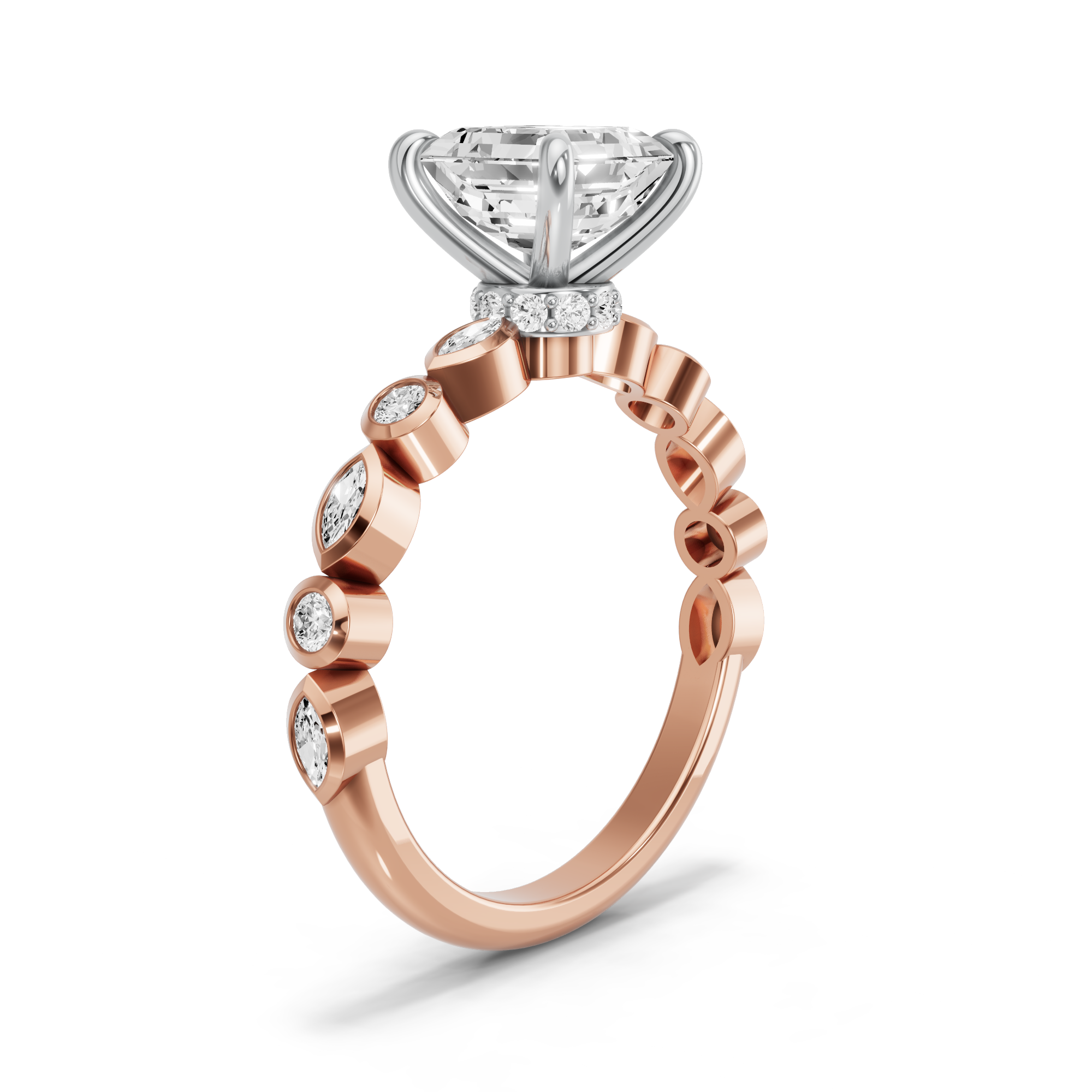 Image for Asscher Hidden Halo Ring with Alternating Marquise band in 18K Two Tone Yellow Gold