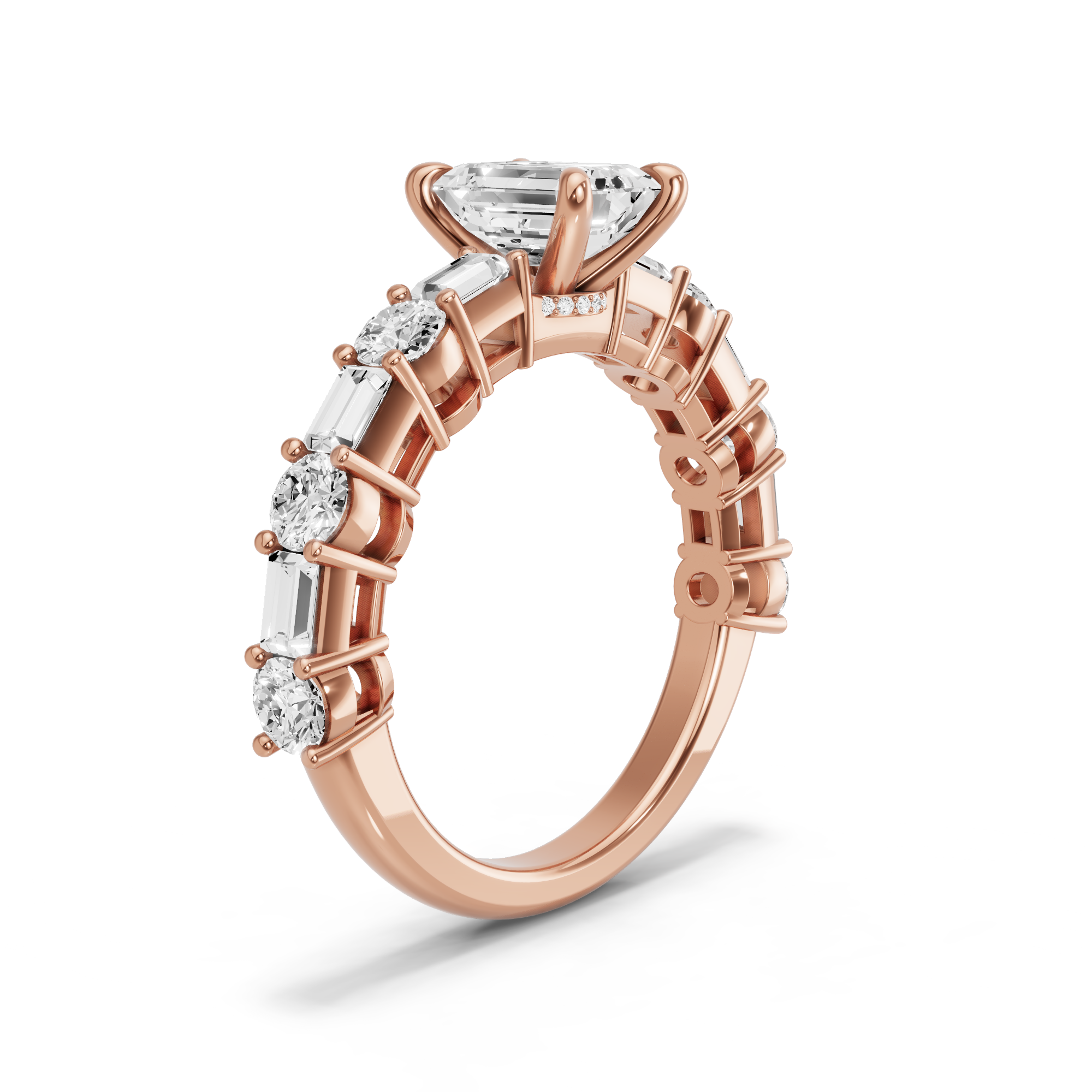 Image for Emerald Hidden Halo Ring with Alternating Baguette band in 14K Rose Gold