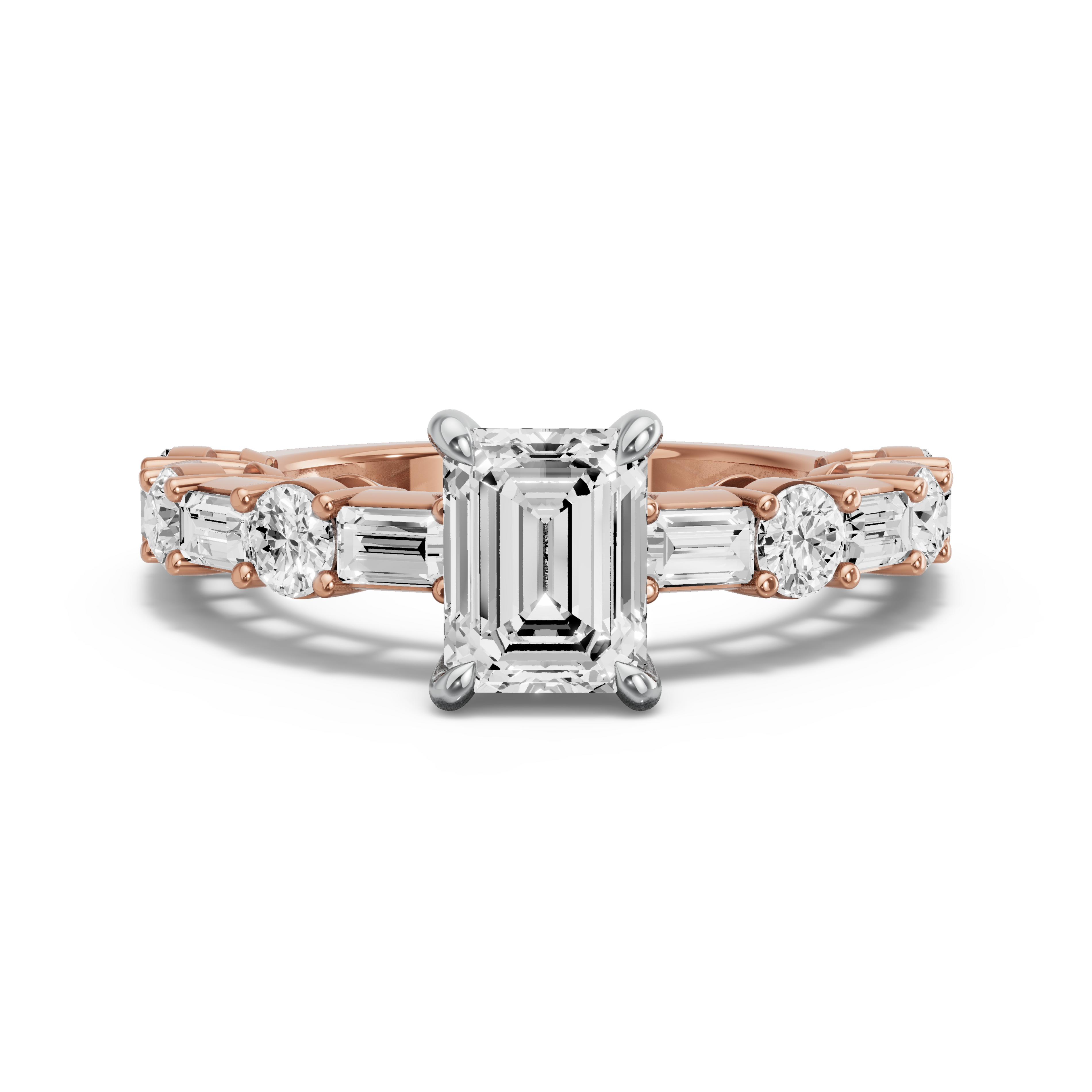 Image for Emerald Hidden Halo Ring with Alternating Baguette band in 10K Two Tone Rose Gold