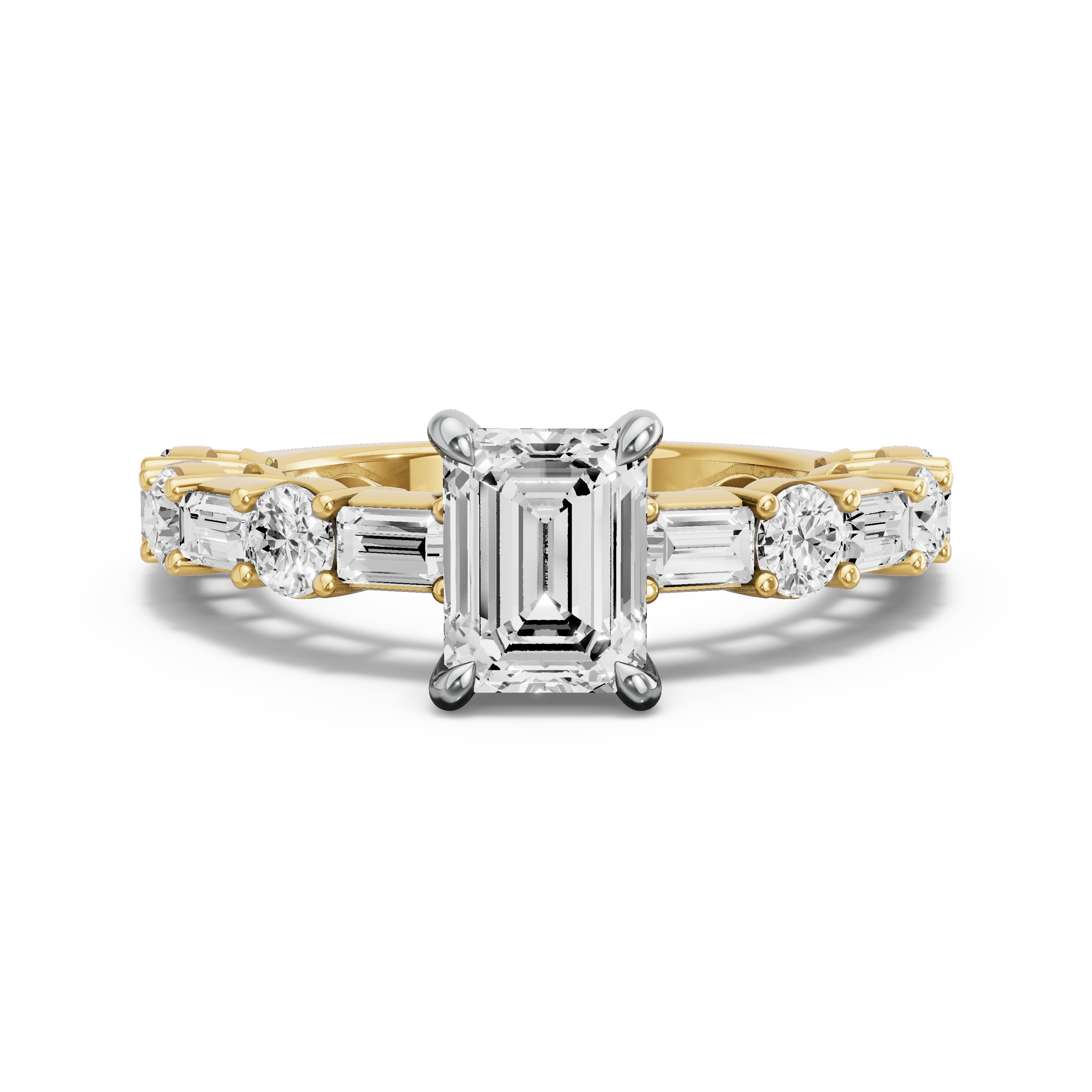 Image for Emerald Hidden Halo Ring with Alternating Baguette band in 14K Two Tone Yellow Gold
