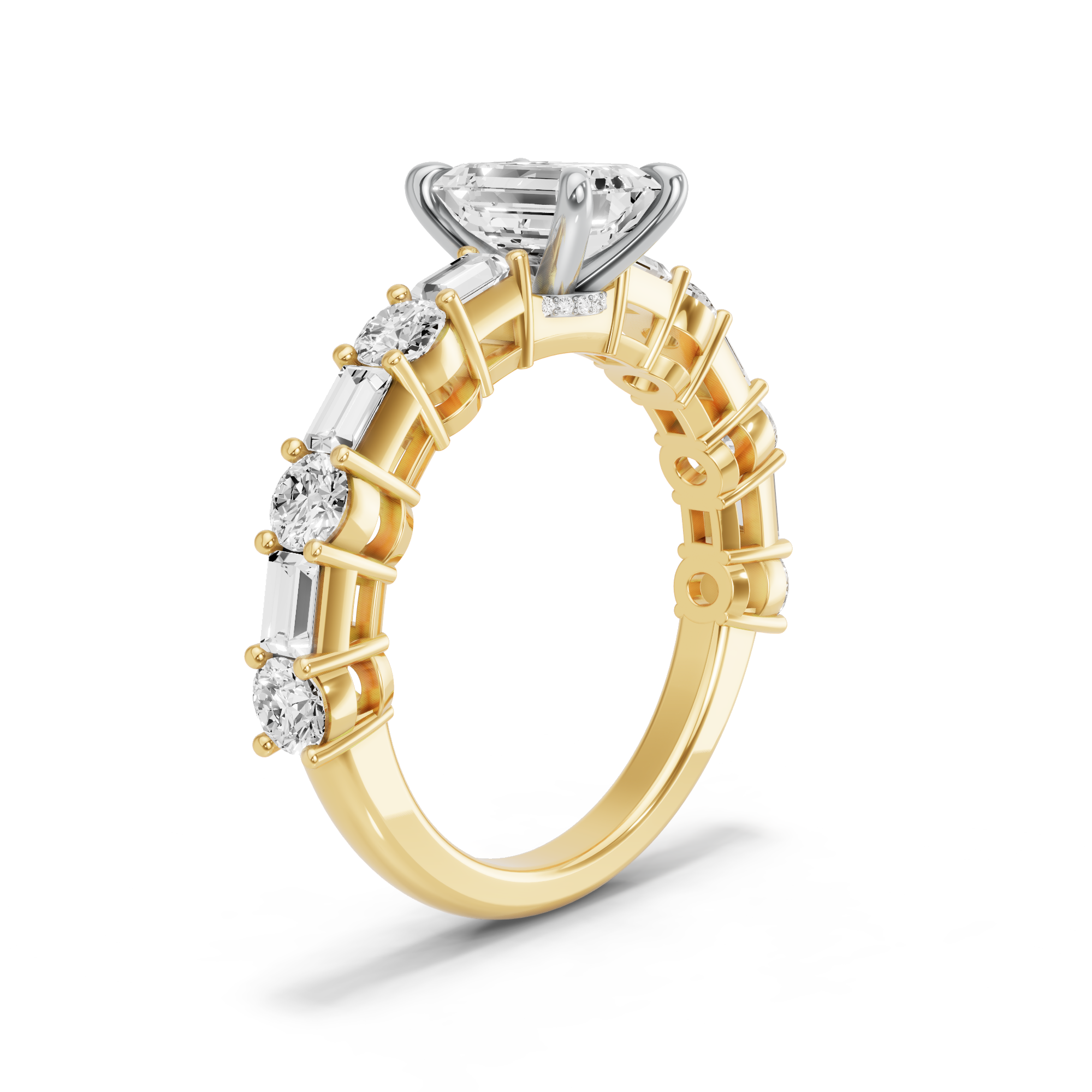 Image for Emerald Hidden Halo Ring with Alternating Baguette band in 18K Two Tone Yellow Gold
