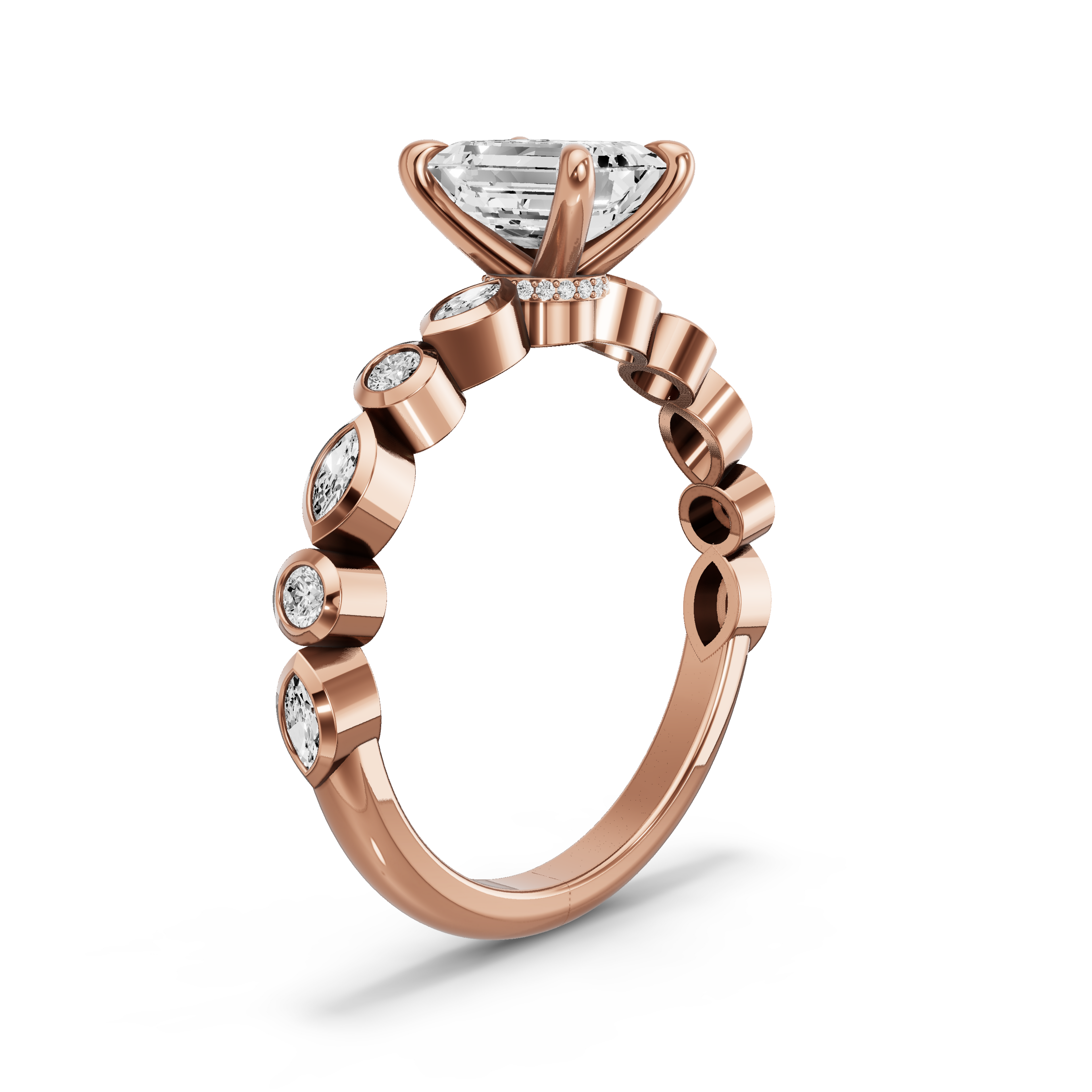 Image for Emerald Hidden Halo Ring with Alternating Marquise band in 18K Rose Gold