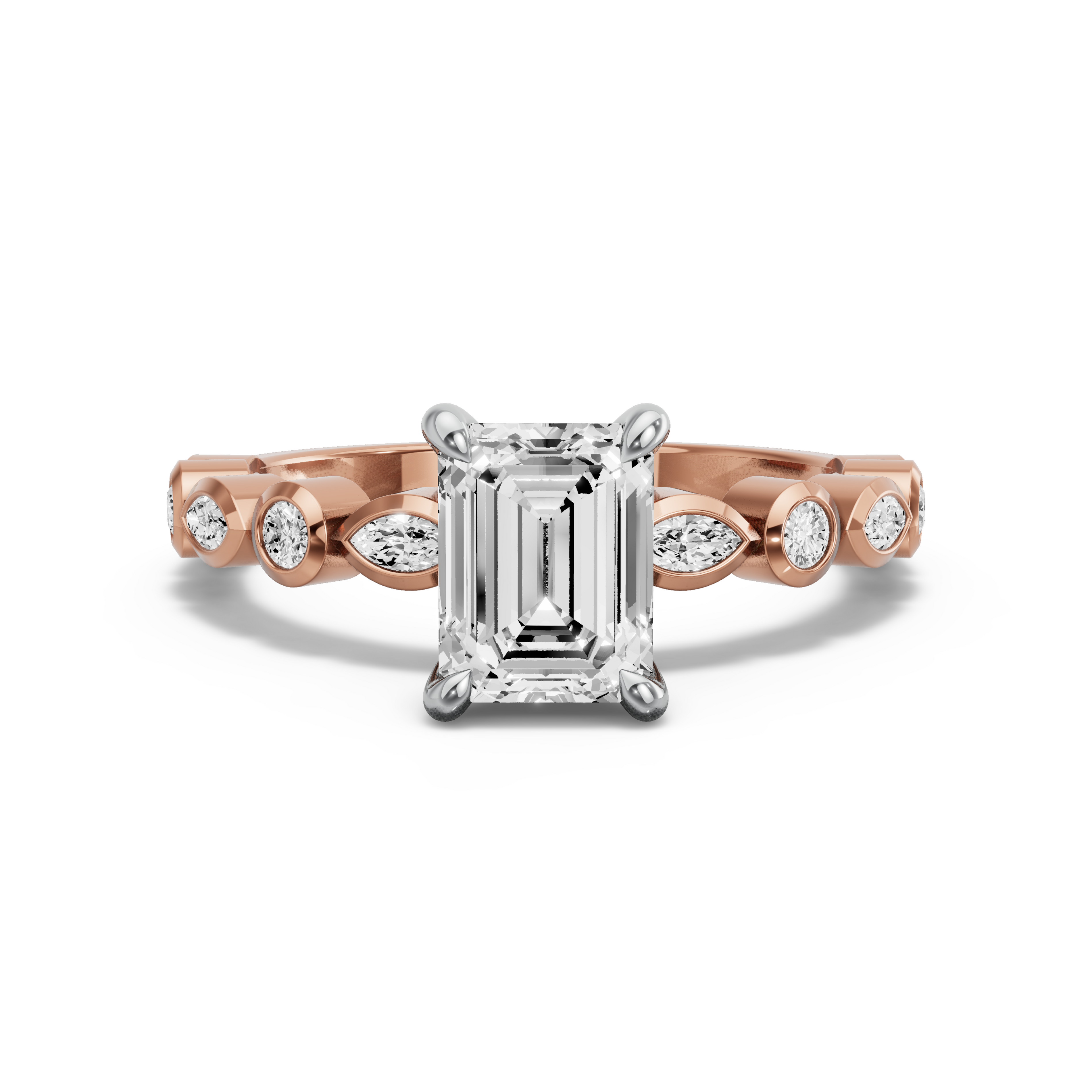 Image for Emerald Hidden Halo Ring with Alternating Marquise band in 14K Two Tone Rose Gold