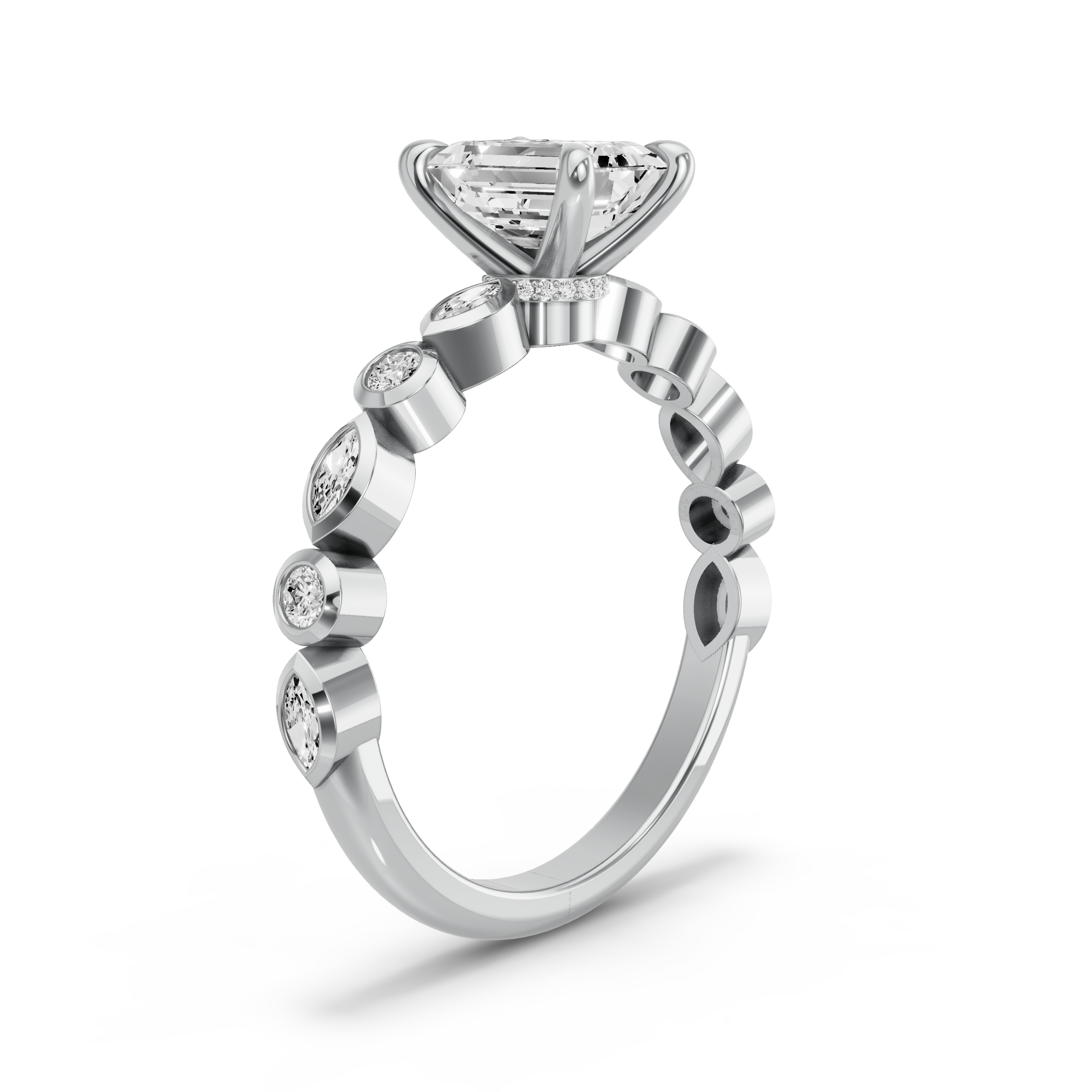 Image for Emerald Hidden Halo Ring with Alternating Marquise band in 14K White Gold