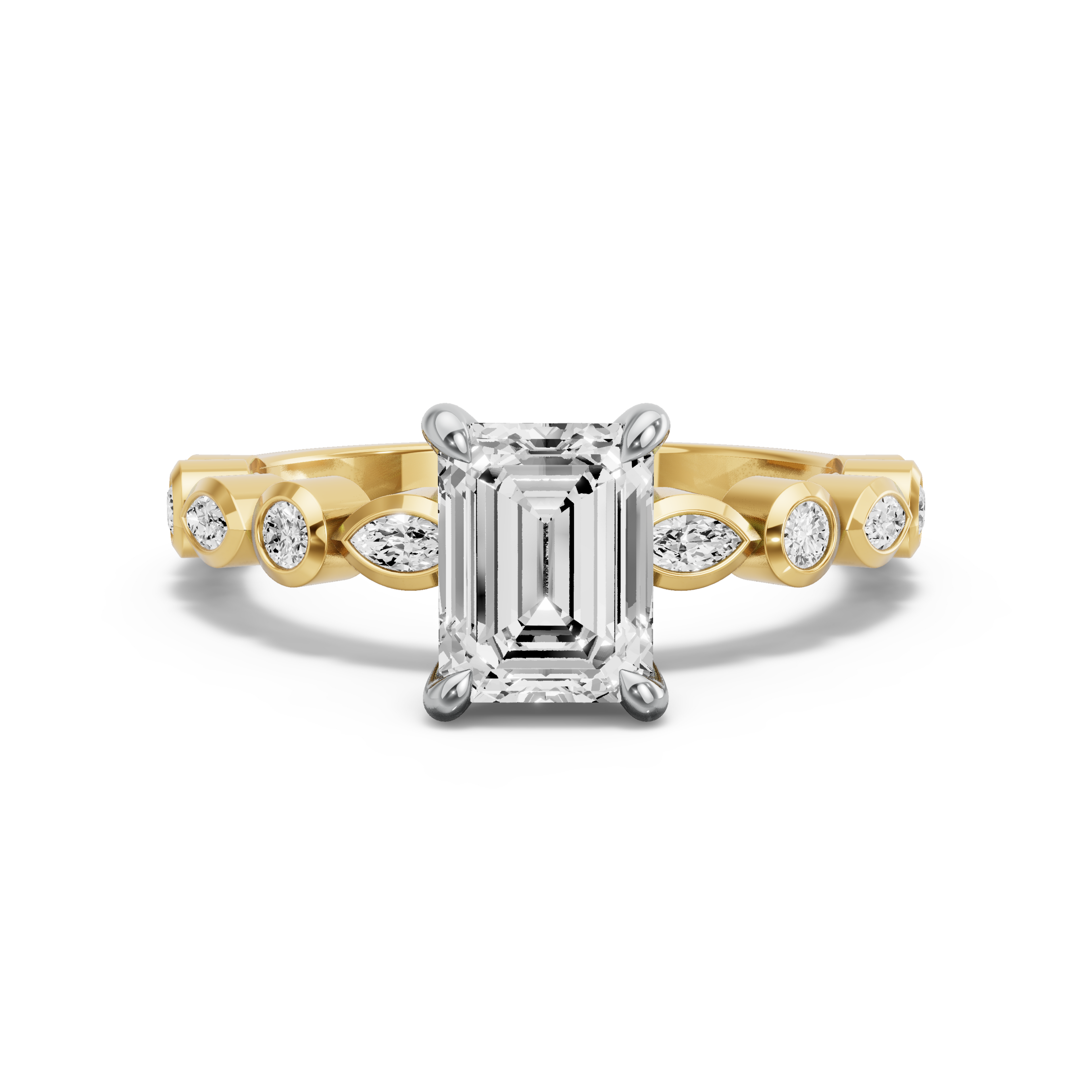 Image for Emerald Hidden Halo Ring with Alternating Marquise band in 10K Two Tone Yellow Gold