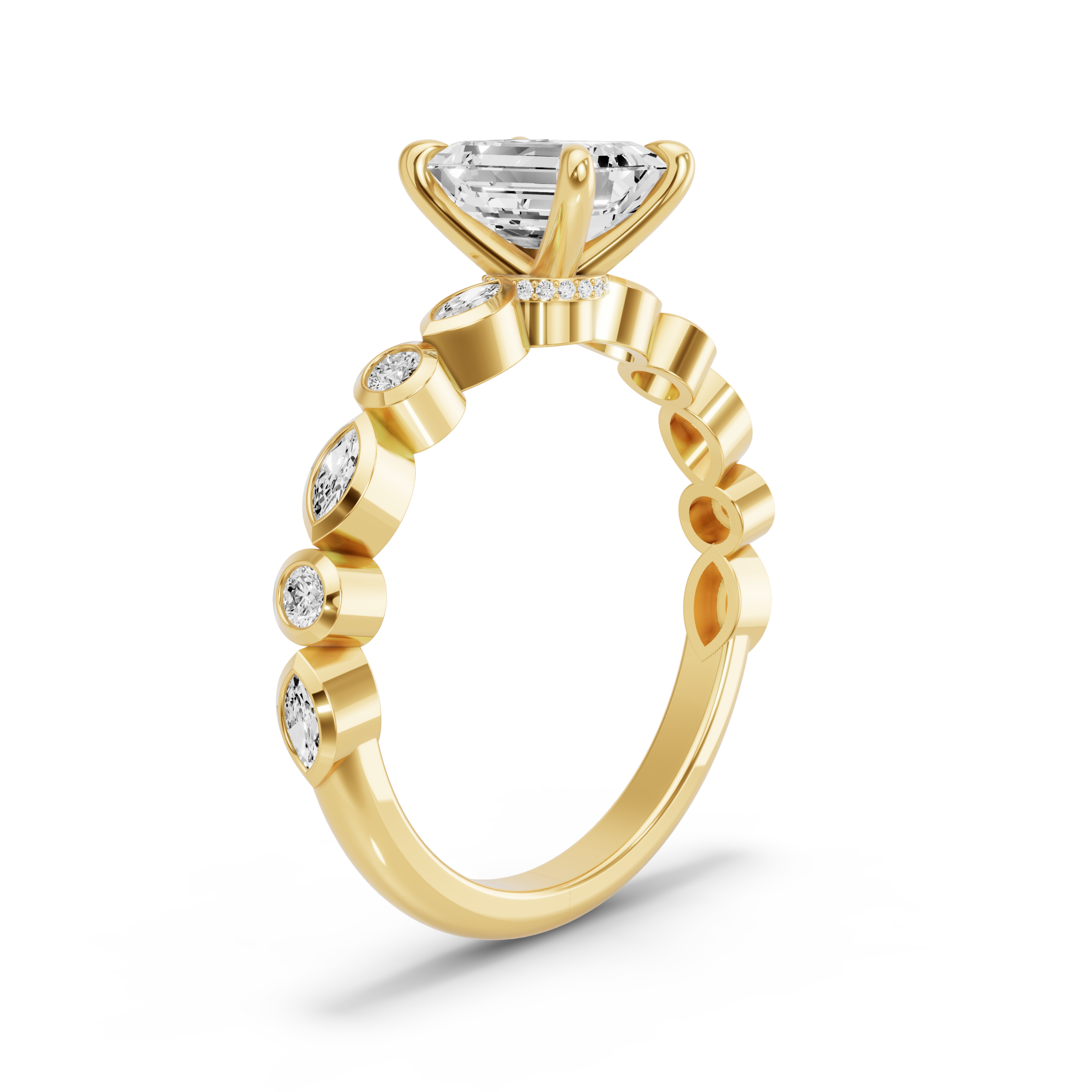 Image for Emerald Hidden Halo Ring with Alternating Marquise band in 14K Yellow Gold