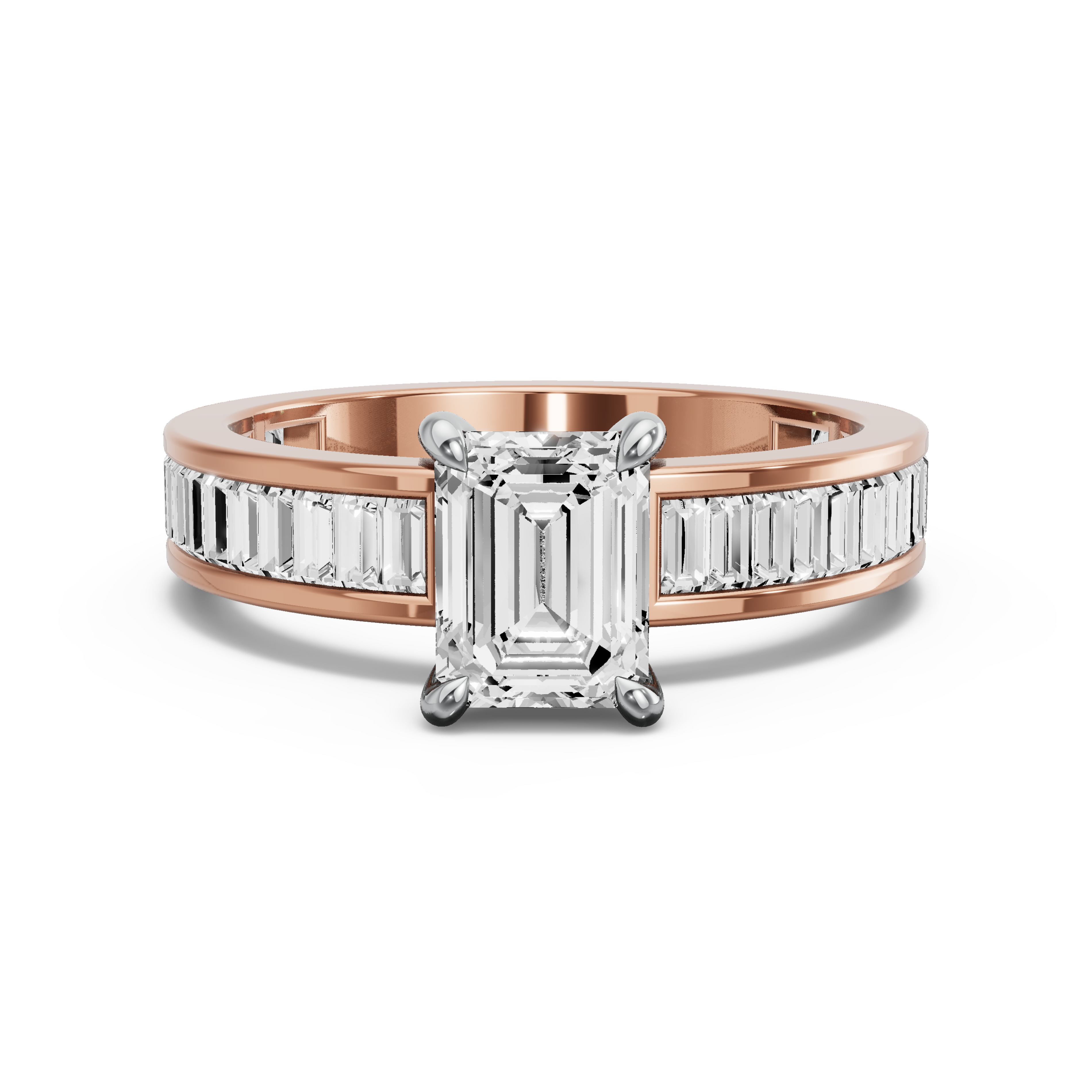 Image for Emerald Hidden Halo Ring with Baguette Channel band in 10K Two Tone Rose Gold