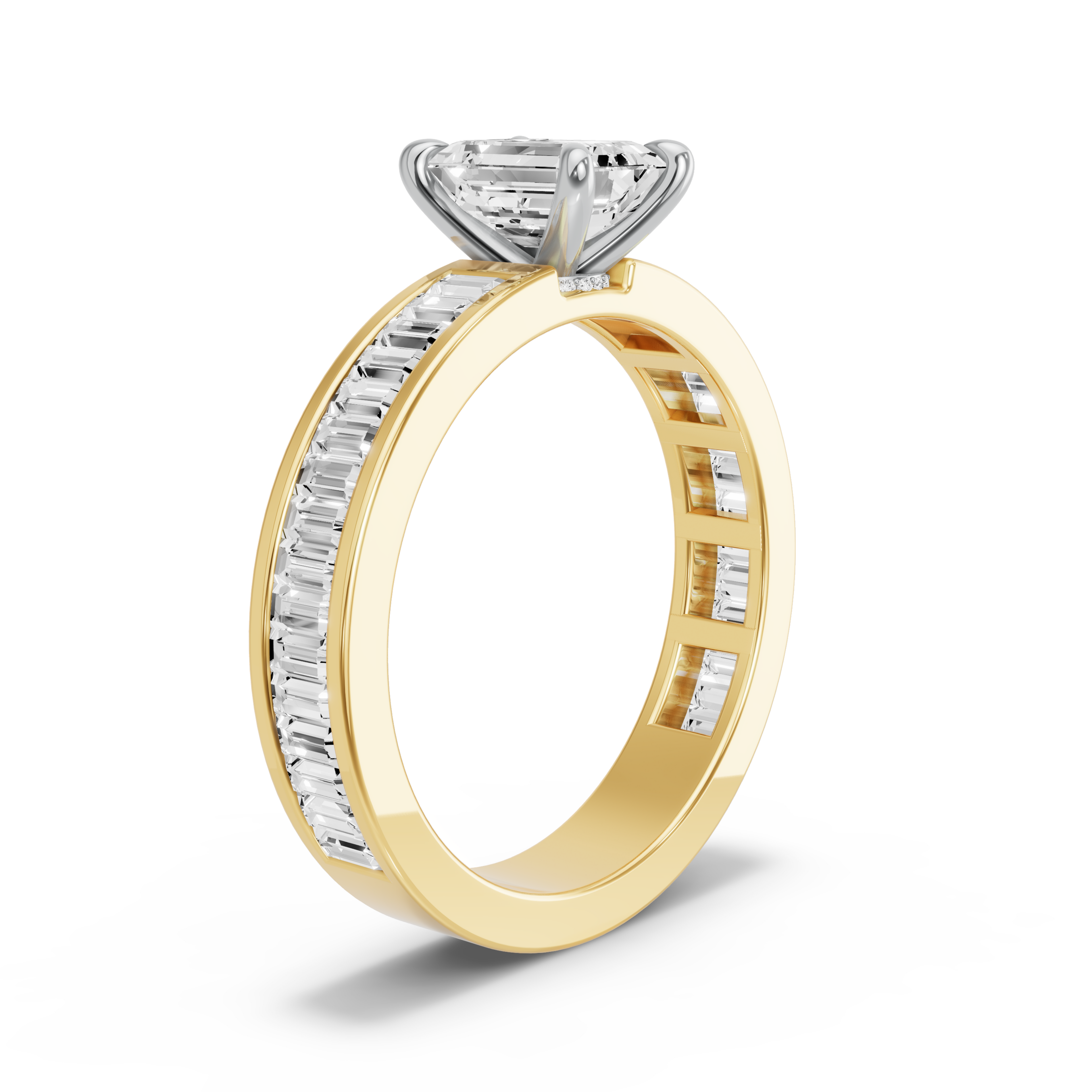 Image for Emerald Hidden Halo Ring with Baguette Channel band in 14K Two Tone Yellow Gold