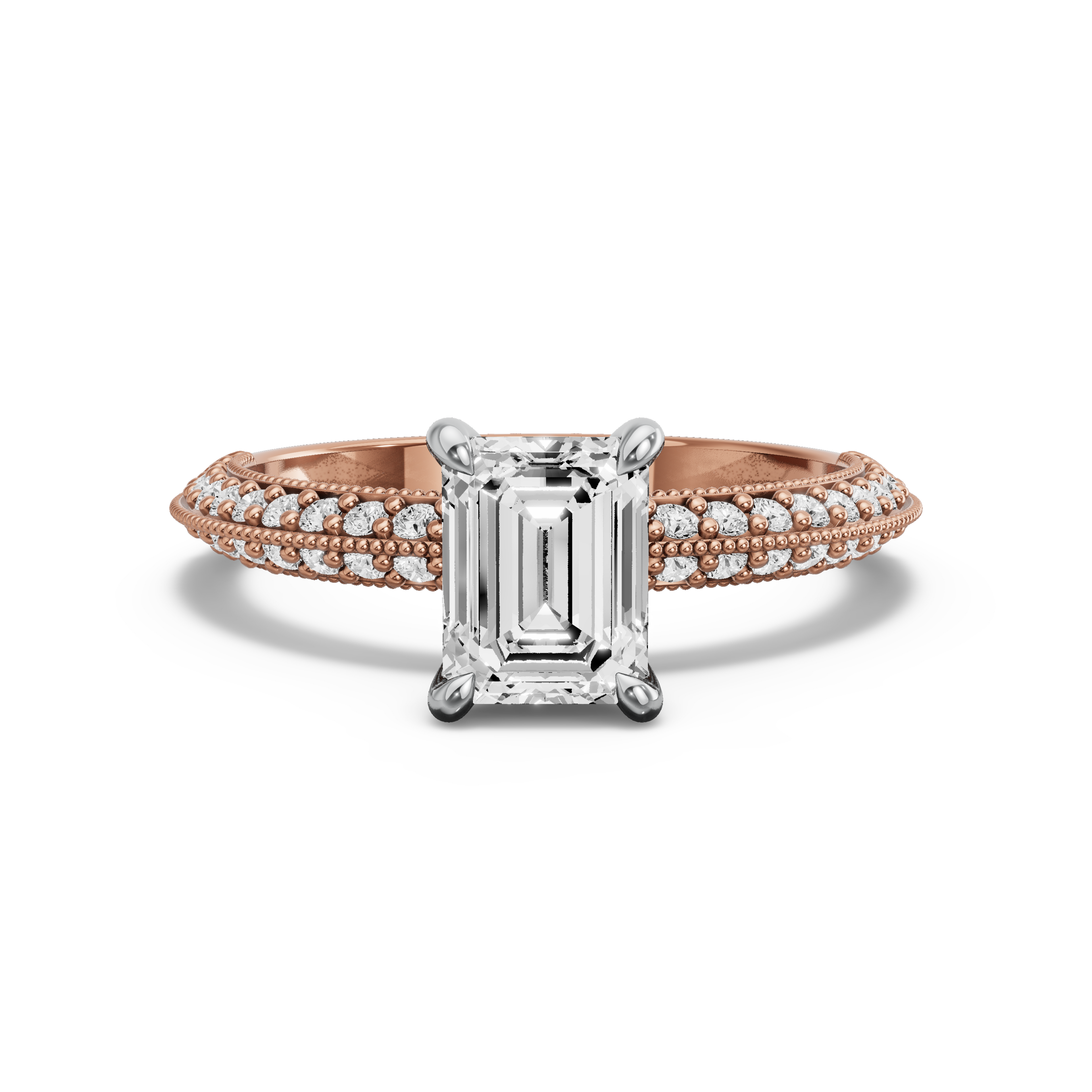 Image for Emerald Hidden Halo Ring with Knife Edge Pave band in 10K Two Tone Rose Gold