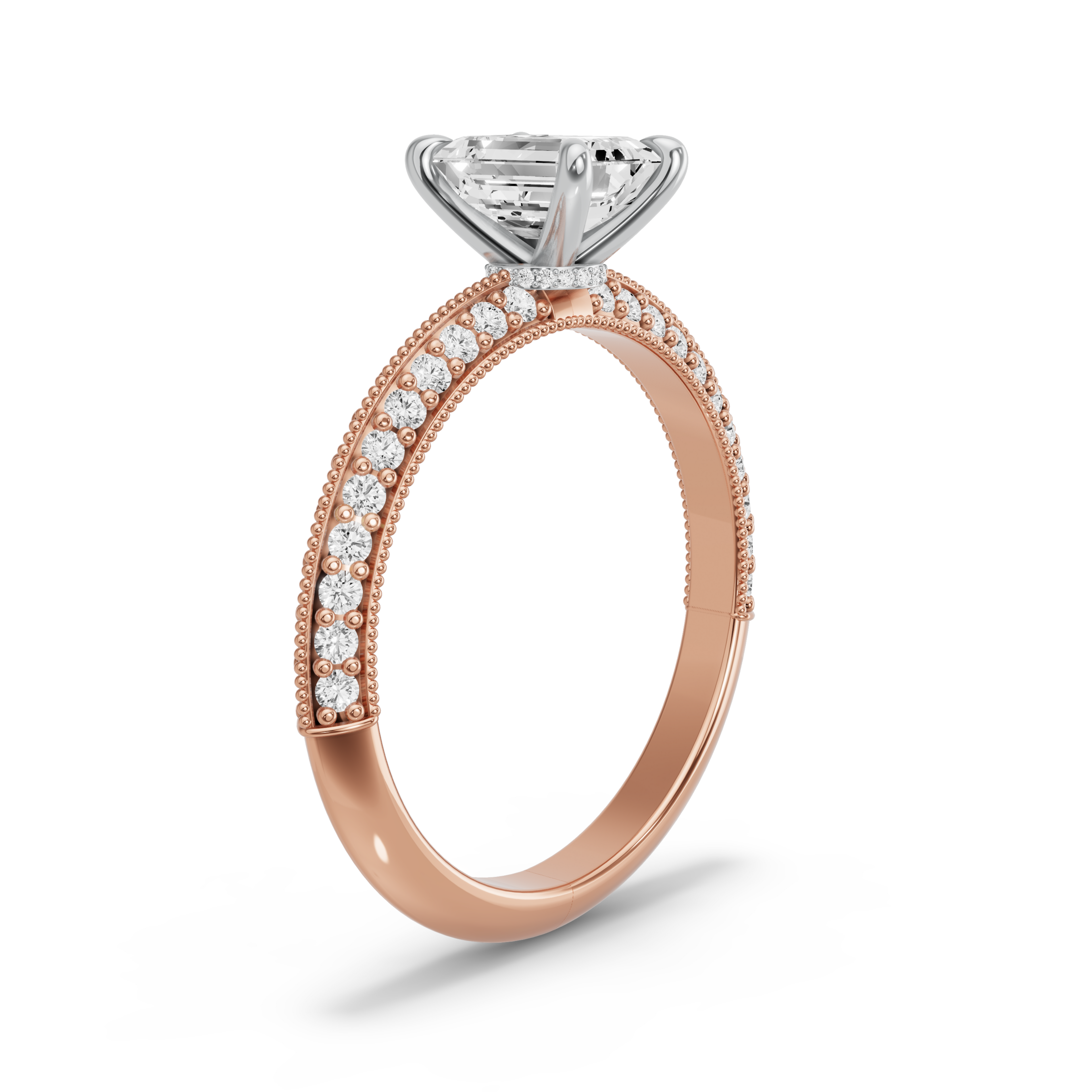 Image for Emerald Hidden Halo Ring with Knife Edge Pave band in 10K Two Tone Rose Gold