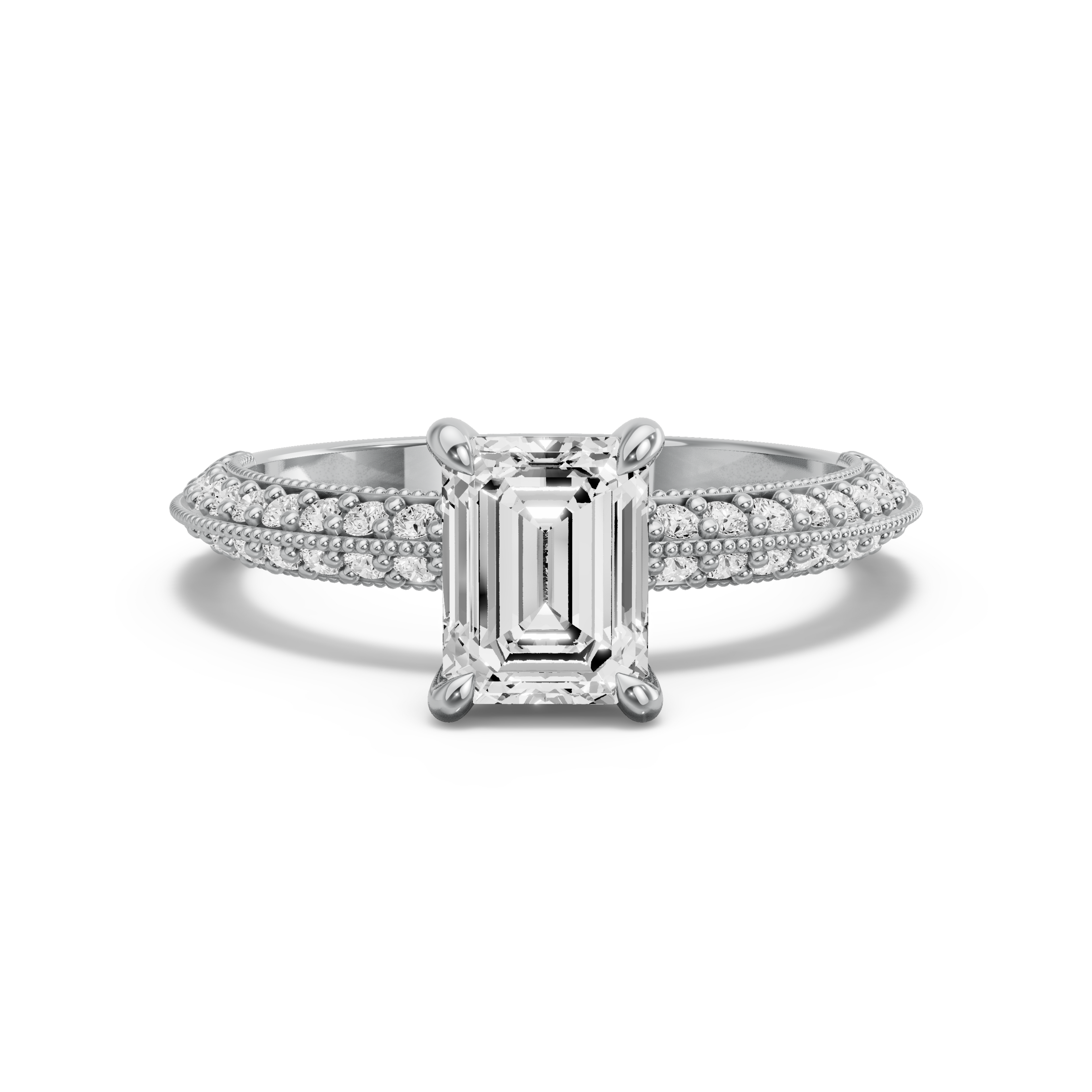 Image for Emerald Hidden Halo Ring with Knife Edge Pave band in 14K White Gold