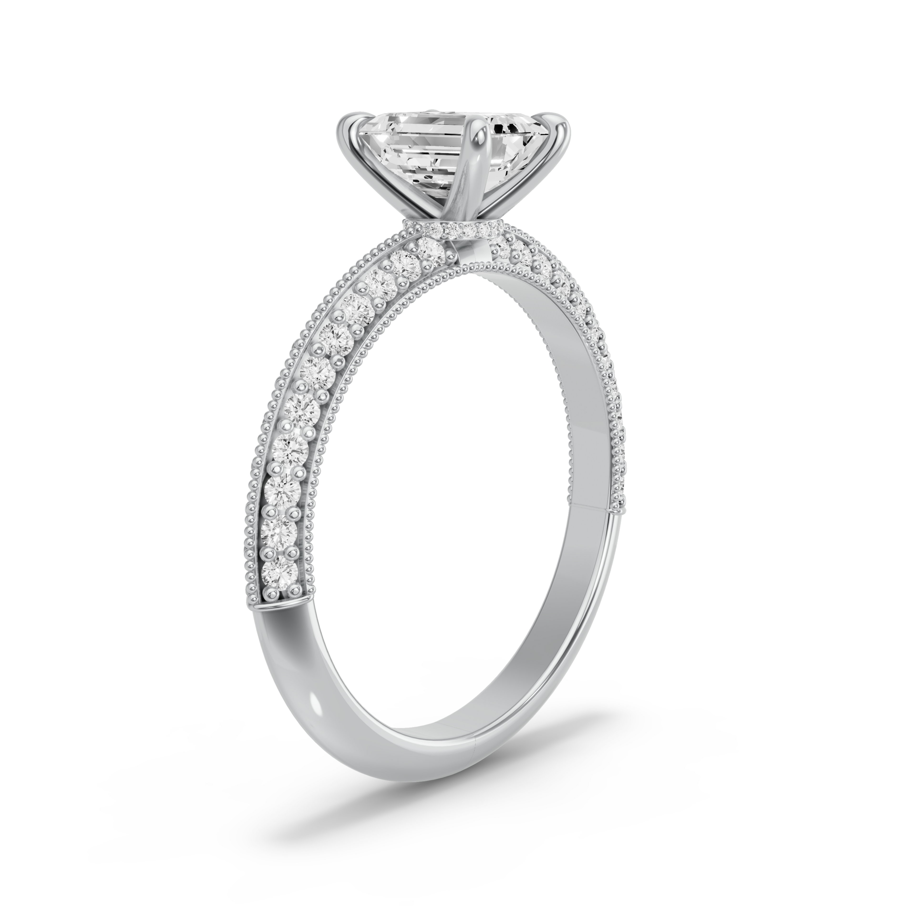 Image for Emerald Hidden Halo Ring with Knife Edge Pave band in 10K White Gold
