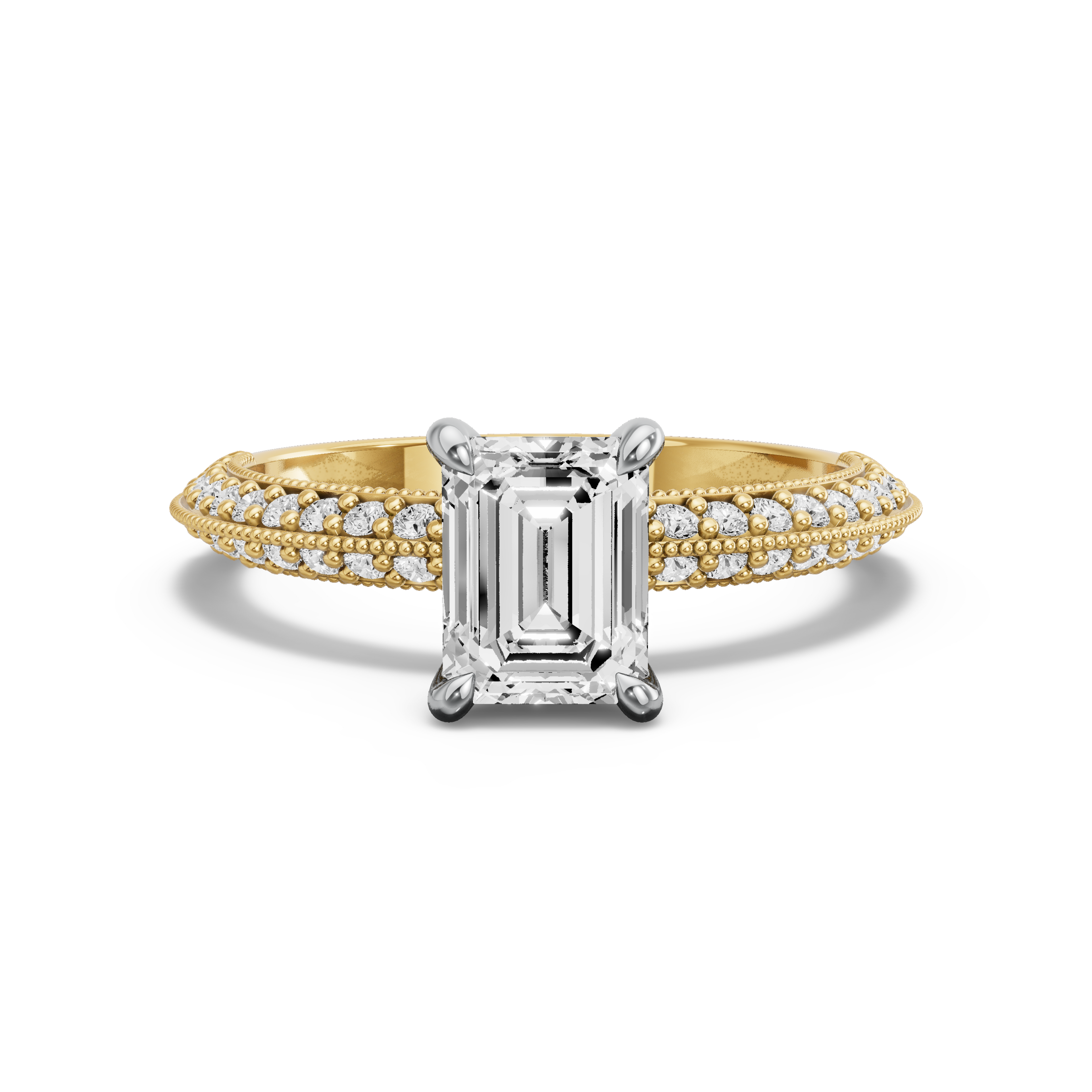 Image for Emerald Hidden Halo Ring with Knife Edge Pave band in 10K Two Tone Yellow Gold