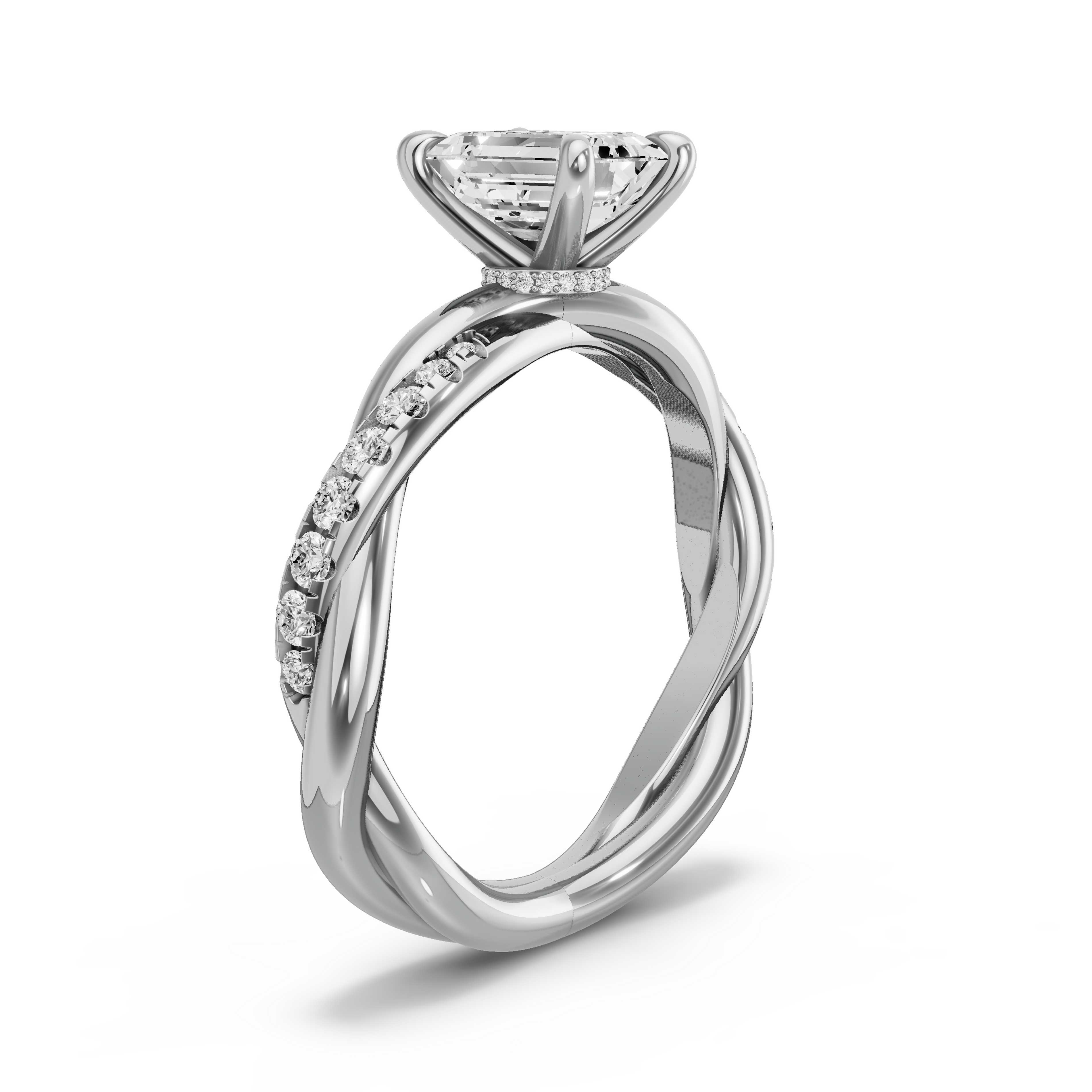 Image for Emerald Hidden Halo Ring with Rope Pave band in 14K White Gold