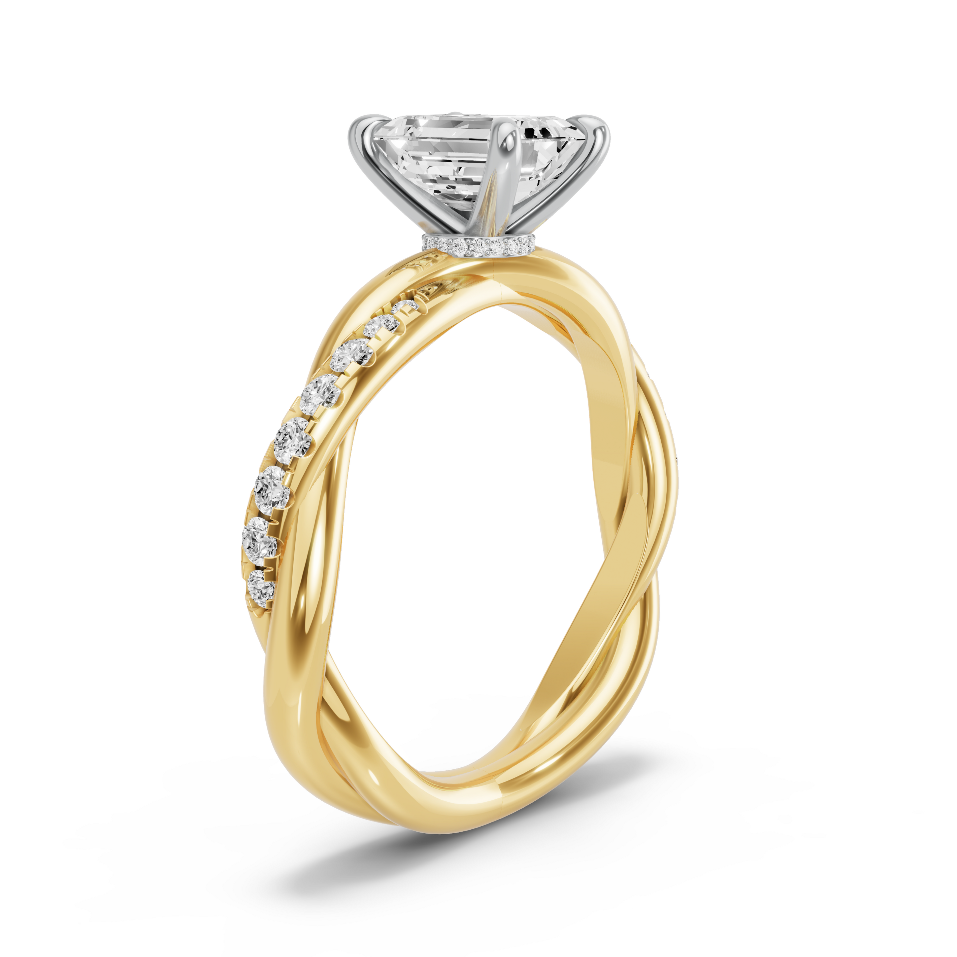 Image for Emerald Hidden Halo Ring with Rope Pave band in 10K Two Tone Yellow Gold