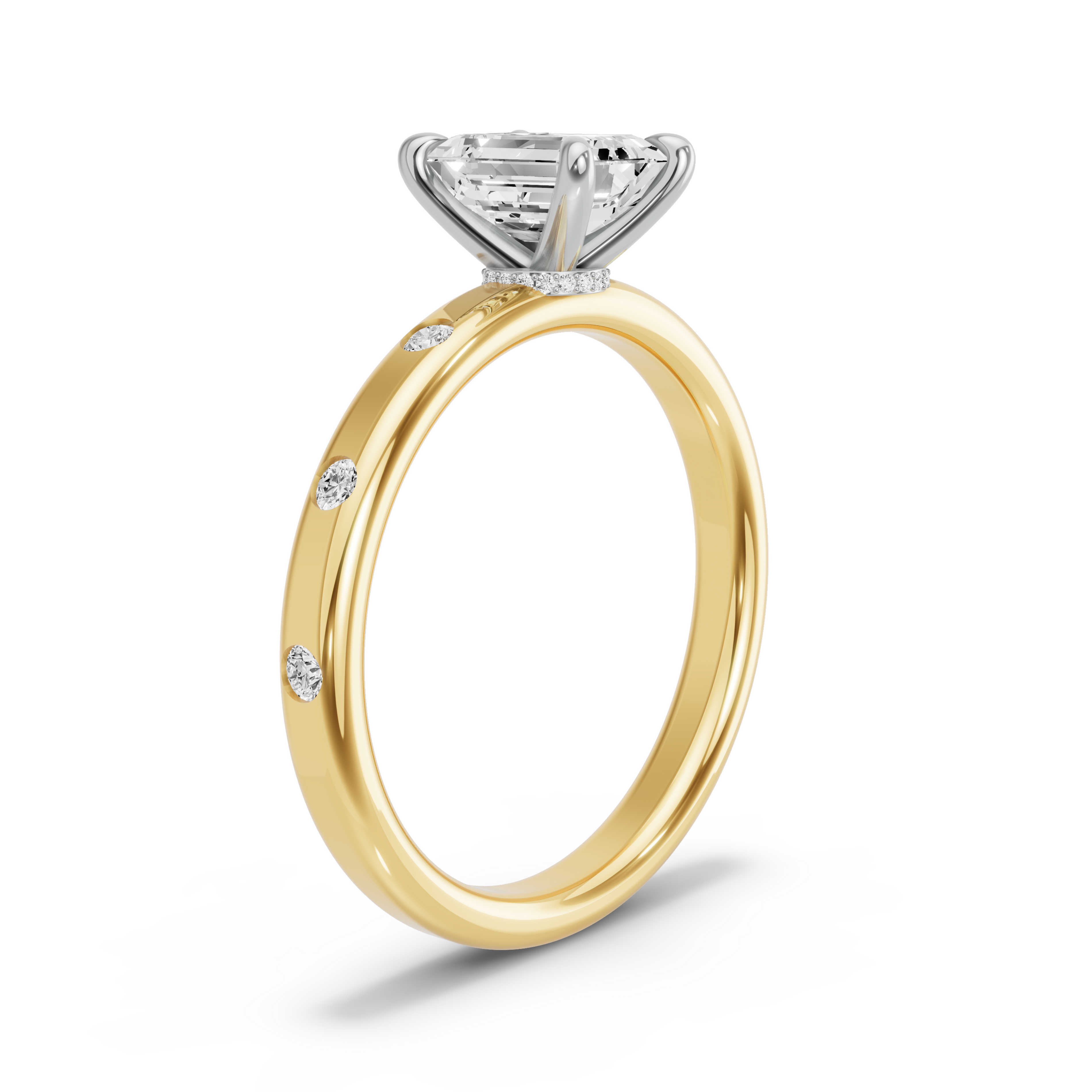 Image for Emerald Hidden Halo Ring with Sleek Accent band in 18K Two Tone Yellow Gold