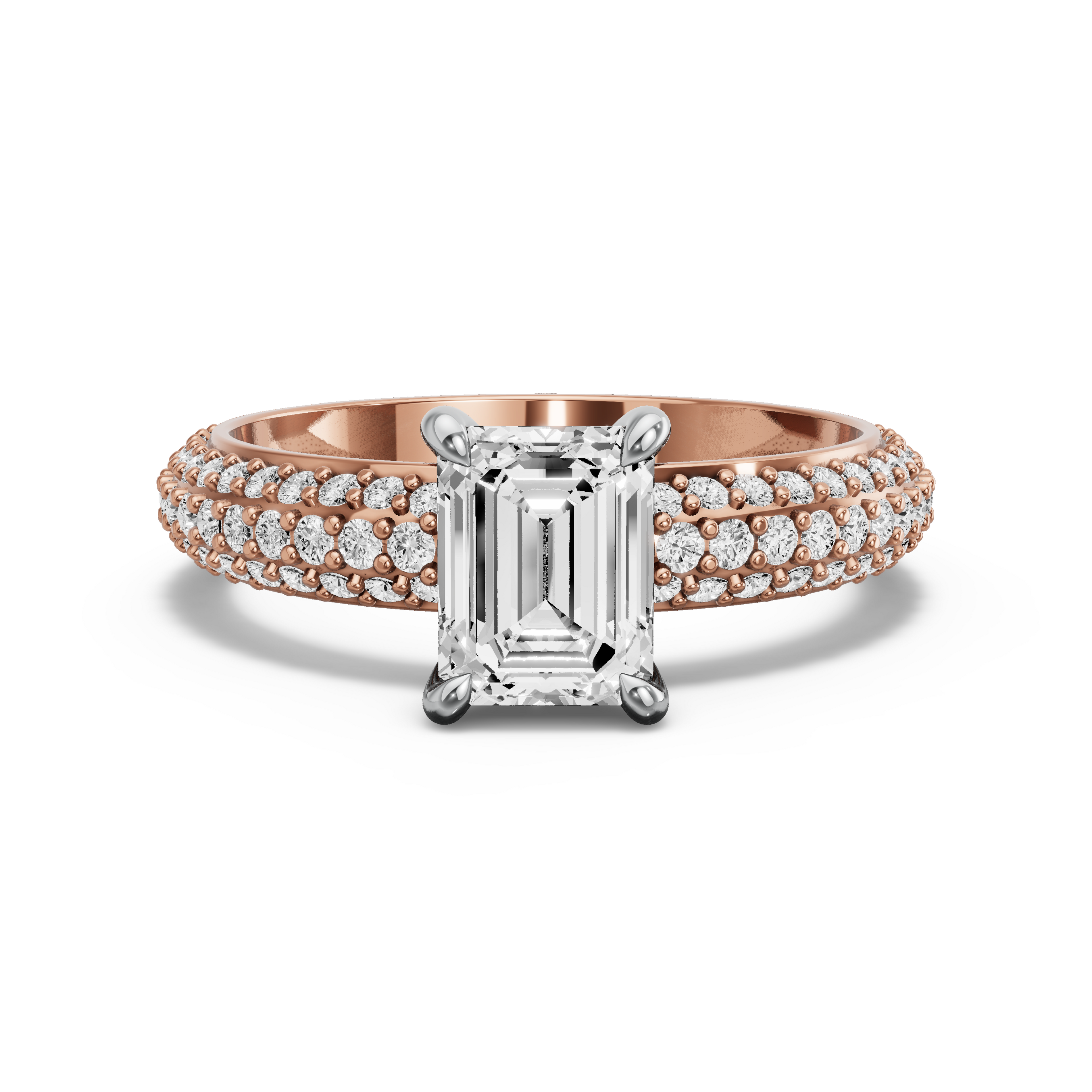 Image for Emerald Hidden Halo Ring with Triple Row Pave band in 18K Two Tone Rose Gold