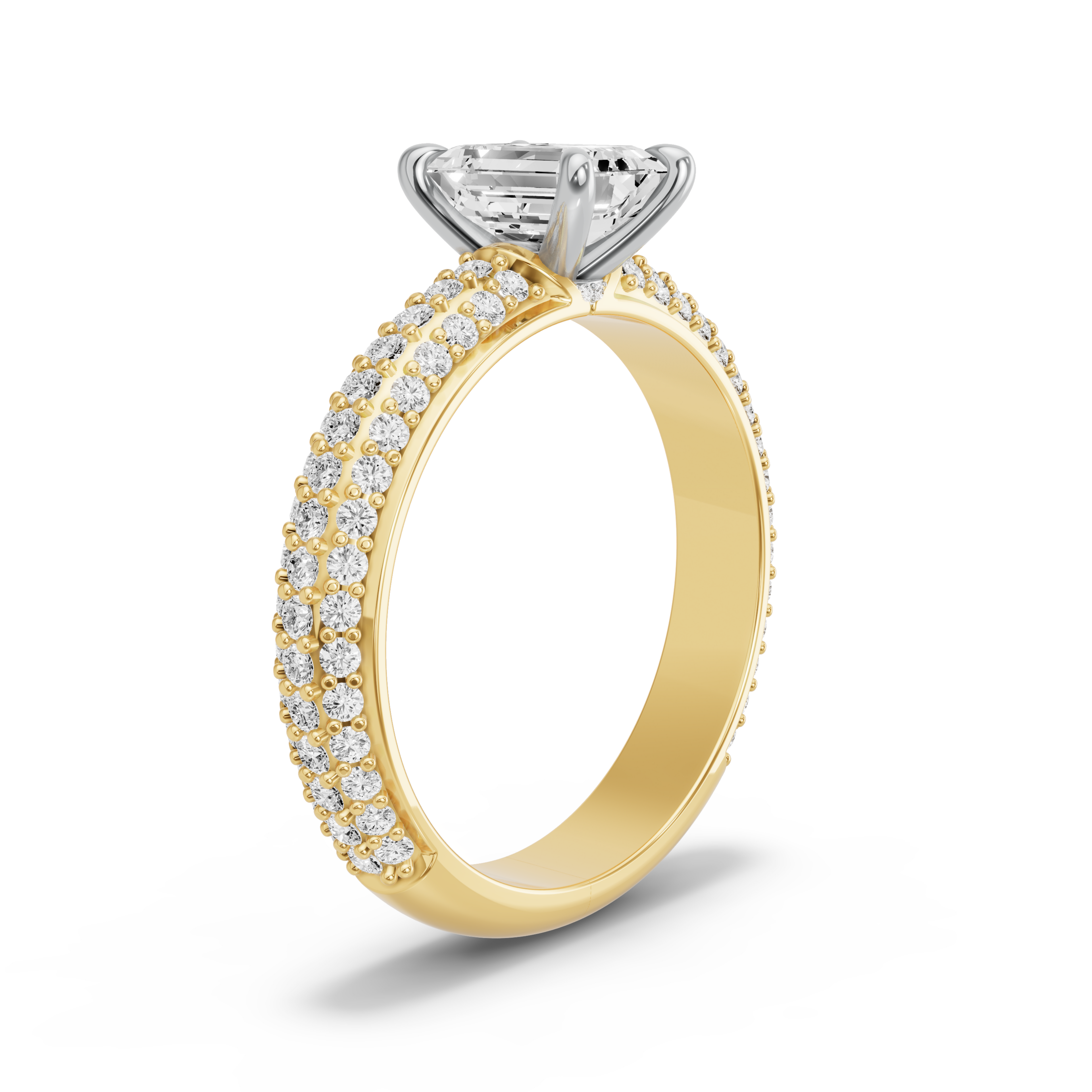 Image for Emerald Hidden Halo Ring with Triple Row Pave band in 10K Two Tone Yellow Gold