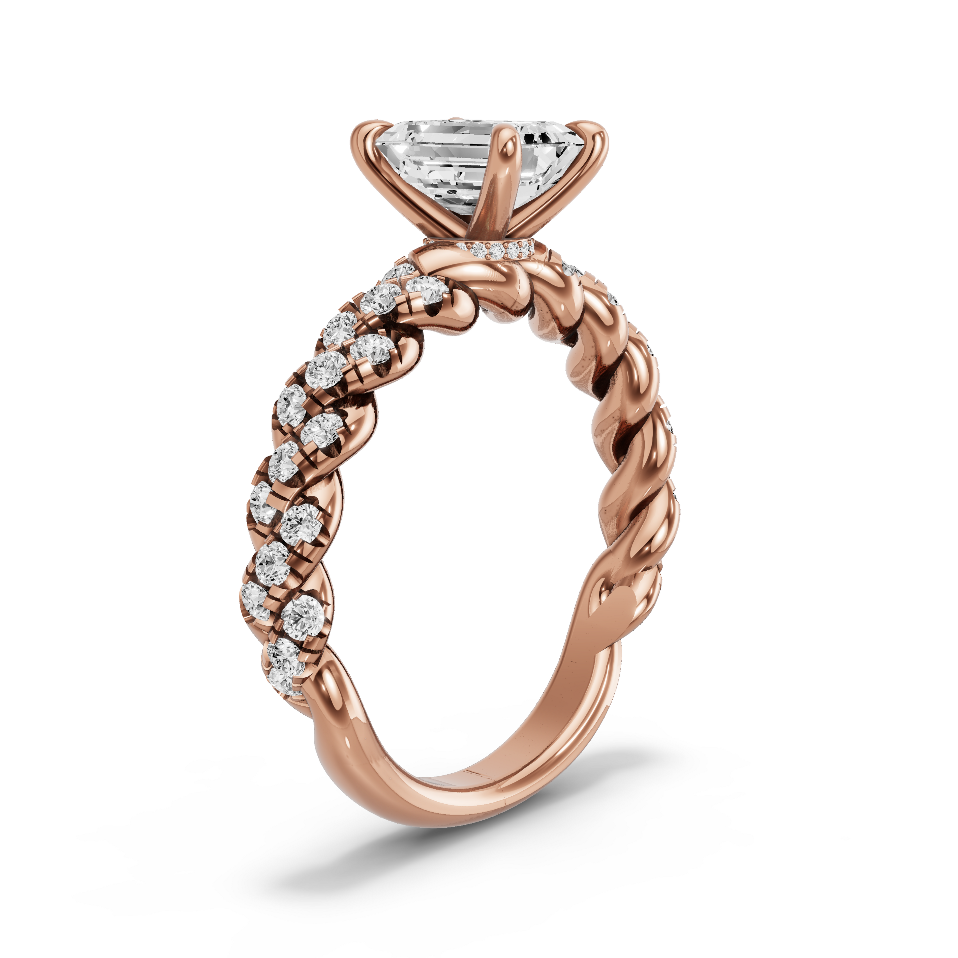 Image for Emerald Hidden Halo Ring with Twist Pave band in 18K Rose Gold